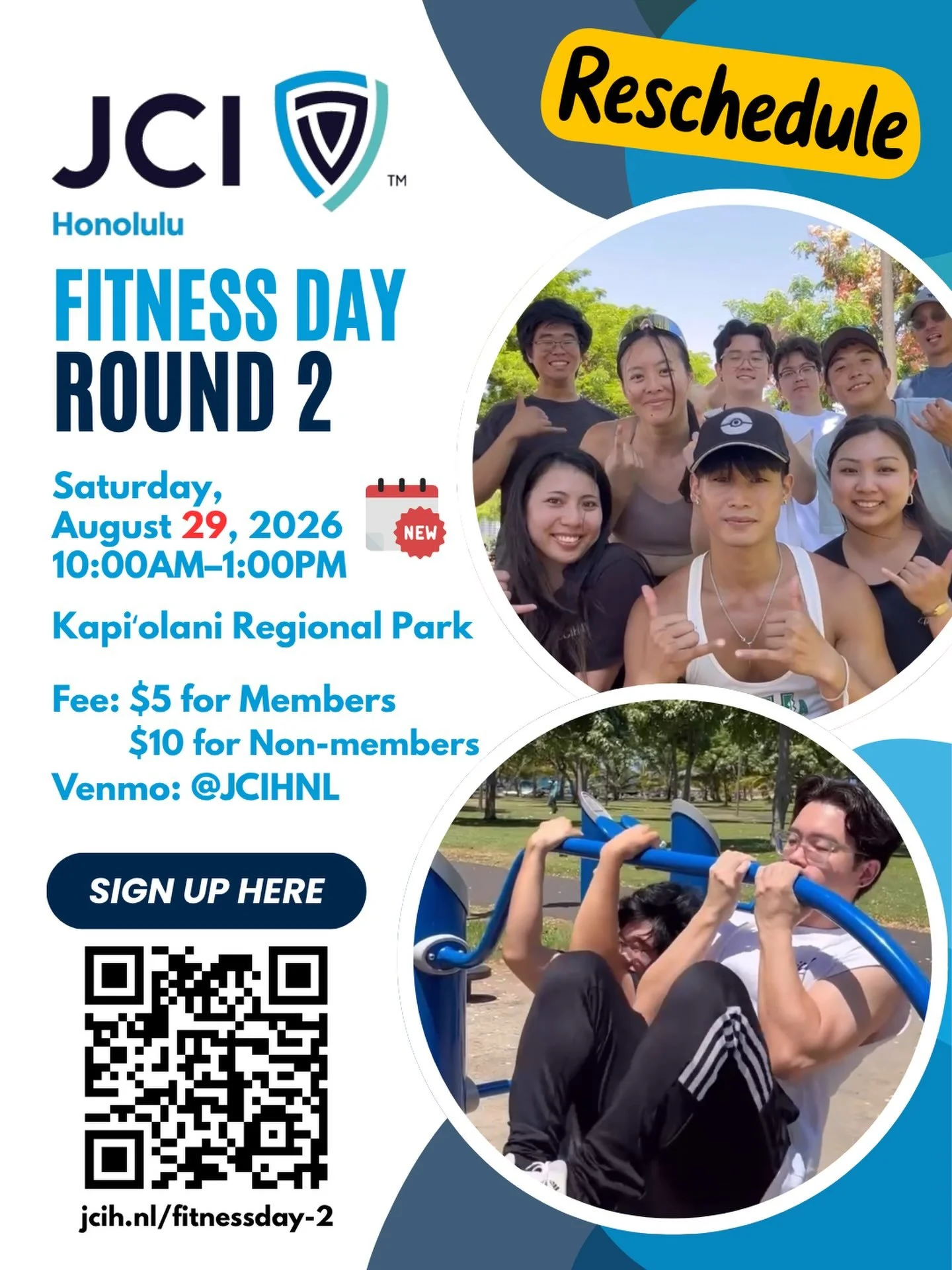 🆕 Event Rescheduled to August 29th Due To Lala 🌧

We&rsquo;re excited to announce Round 2 of JCI Honolulu Fitness Day! This time, our workout will incorporate bars for exercises such as pull-ups, leg raises, triceps dips, and more. We&rsquo;ll also