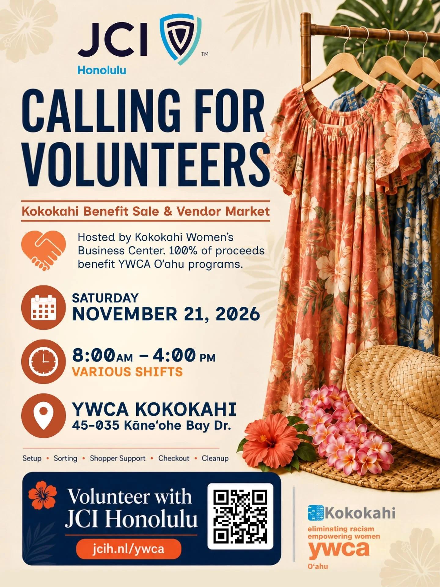 JCI Honolulu is looking for volunteers to support the Kokokahi Benefit Sale &amp; Vendor Market at YWCA Kokokahi! 🌺💙

This community event features a curated pre-loved clothing and local vendor market with women&rsquo;s business casual, vintage alo