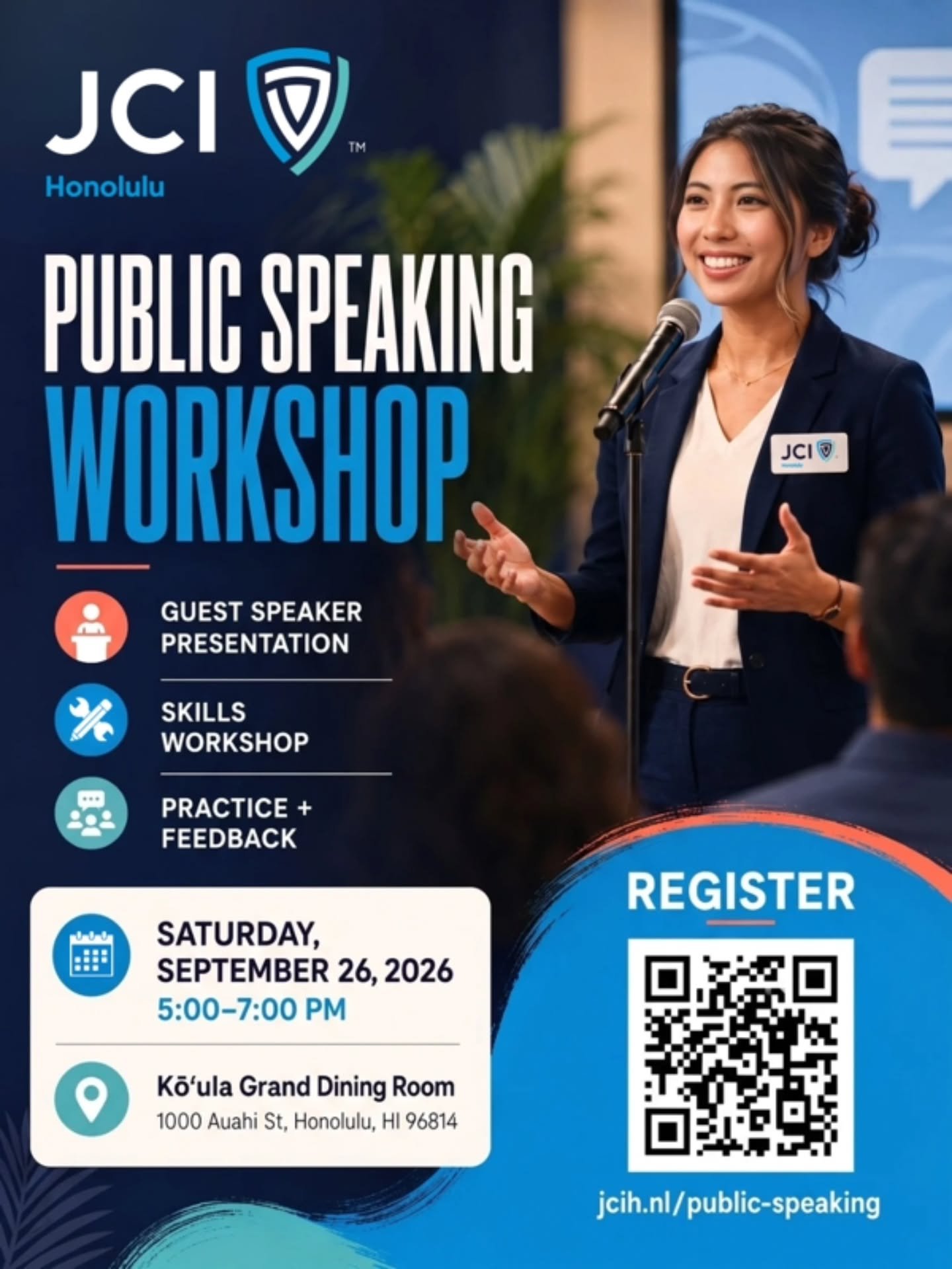 🎤 Ready to level up your public speaking skills?

Join JCI Honolulu for our Public Speaking Workshop! 🌟 Whether you&rsquo;re a seasoned speaker or looking to build your confidence, this workshop is designed to help you speak with impact.

✨ Guest S