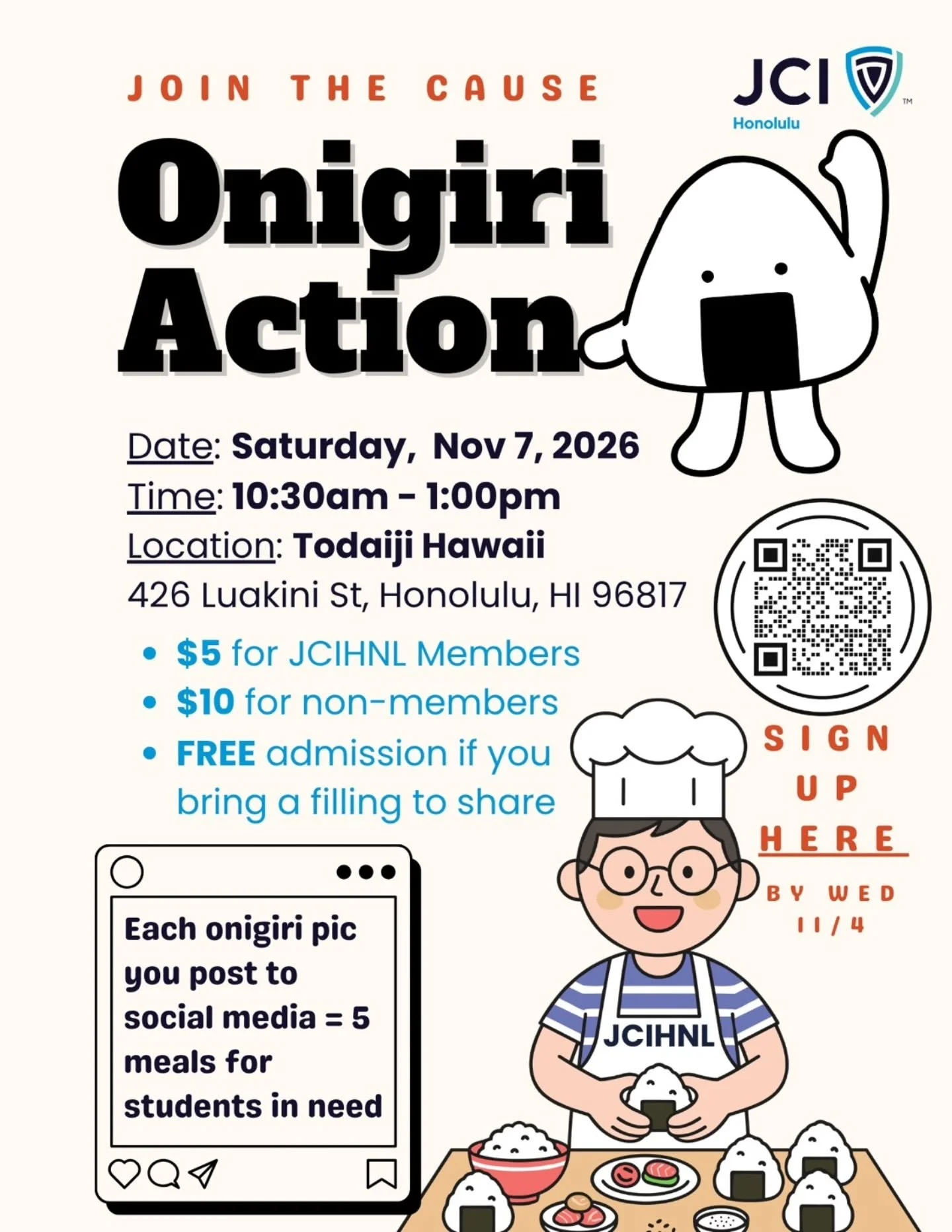 Onigiri Action - Social &amp; Community Service

JCI Honolulu would like to invite members from all chapters to join Table for Two&rsquo;s global campaign &ldquo;Onigiri Action&rdquo; to help provide meals to students in need! 🍙📸🍽️

Participants w