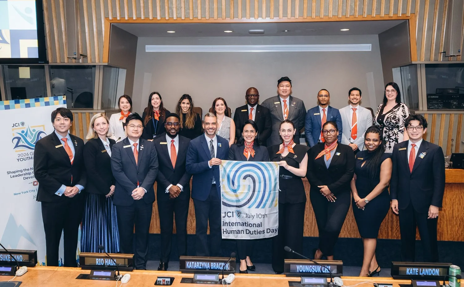 The 2026 international JCI Board of Directors (including Senator Cosmo Hirai, left) at the 2026 JCI Global Youth Summit at the United Nations Headquarters in New York City
