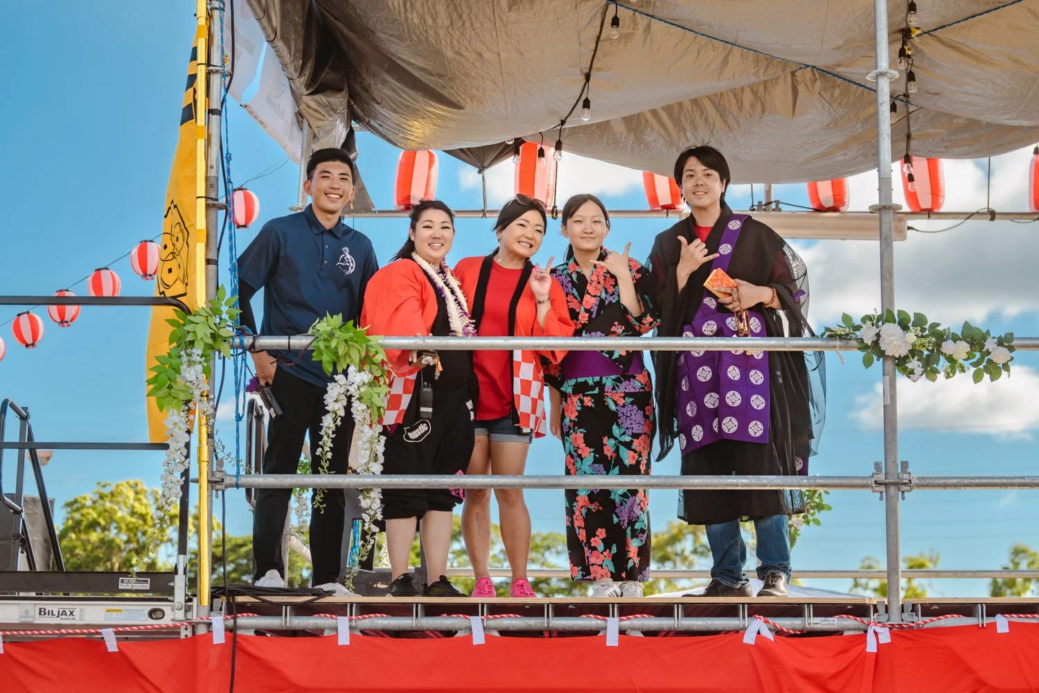 Members atop the yagura at the 2024 Megabon at Aloha Stadium