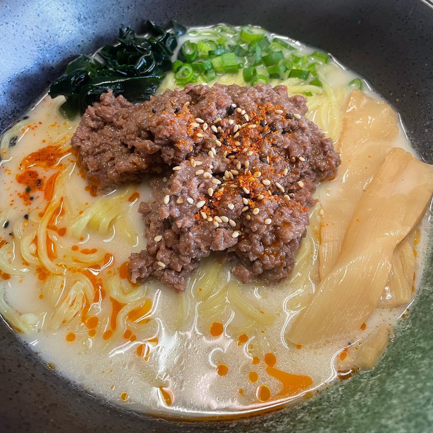 Vegan Tonkotsu Ramen w/ Impossible meat! 🌱this menu is still not on the menu yet, we will put on the new menu in the summer but if you want to try please let your server know and we can make one for you 🙏 #vegan #veganramen #veganfood #plantbased #