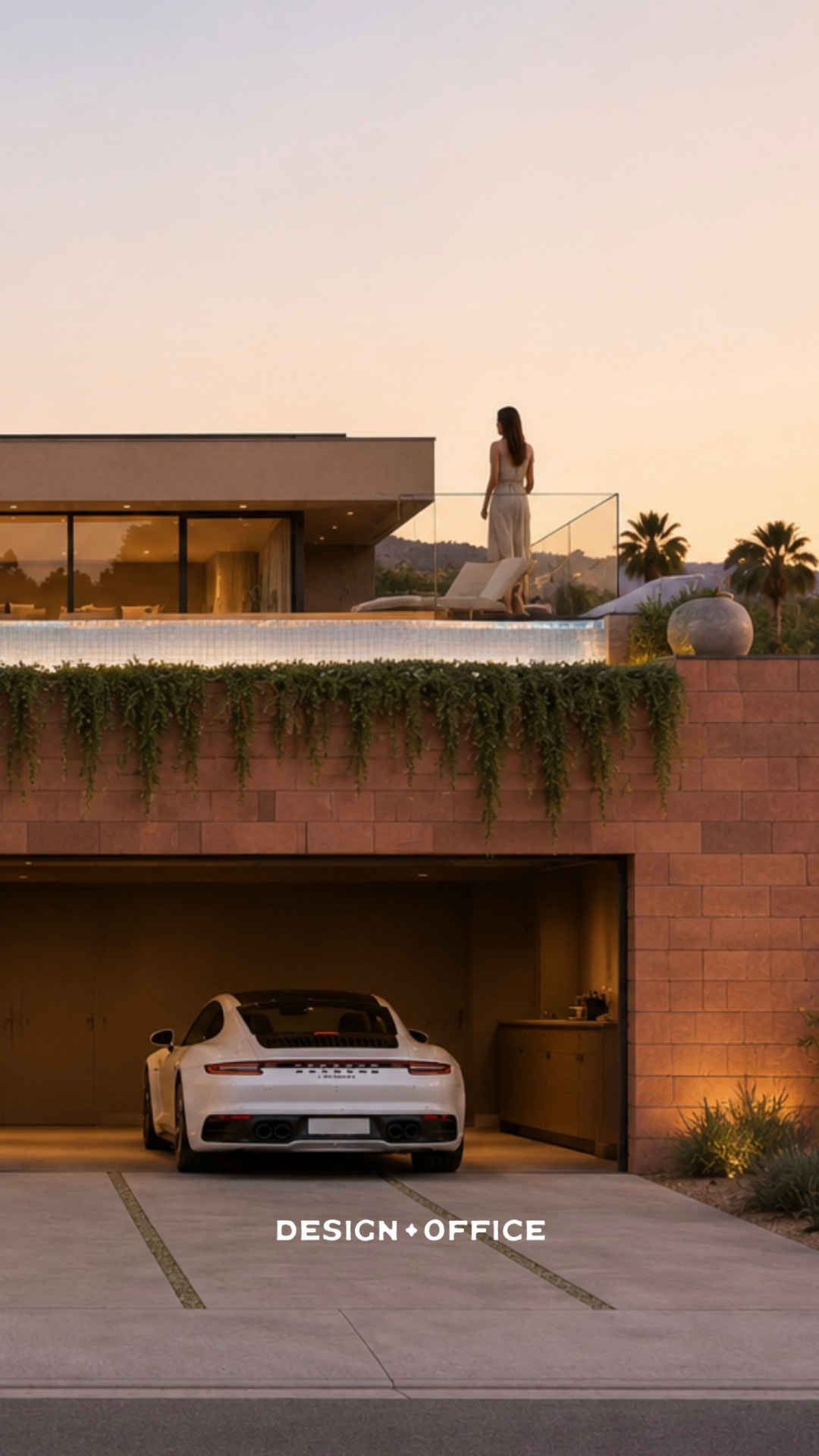Modern house with a rooftop pool and a woman standing by the glass railing, palm trees in the background, and a white sports car parked in the garage. The scene is at sunset.