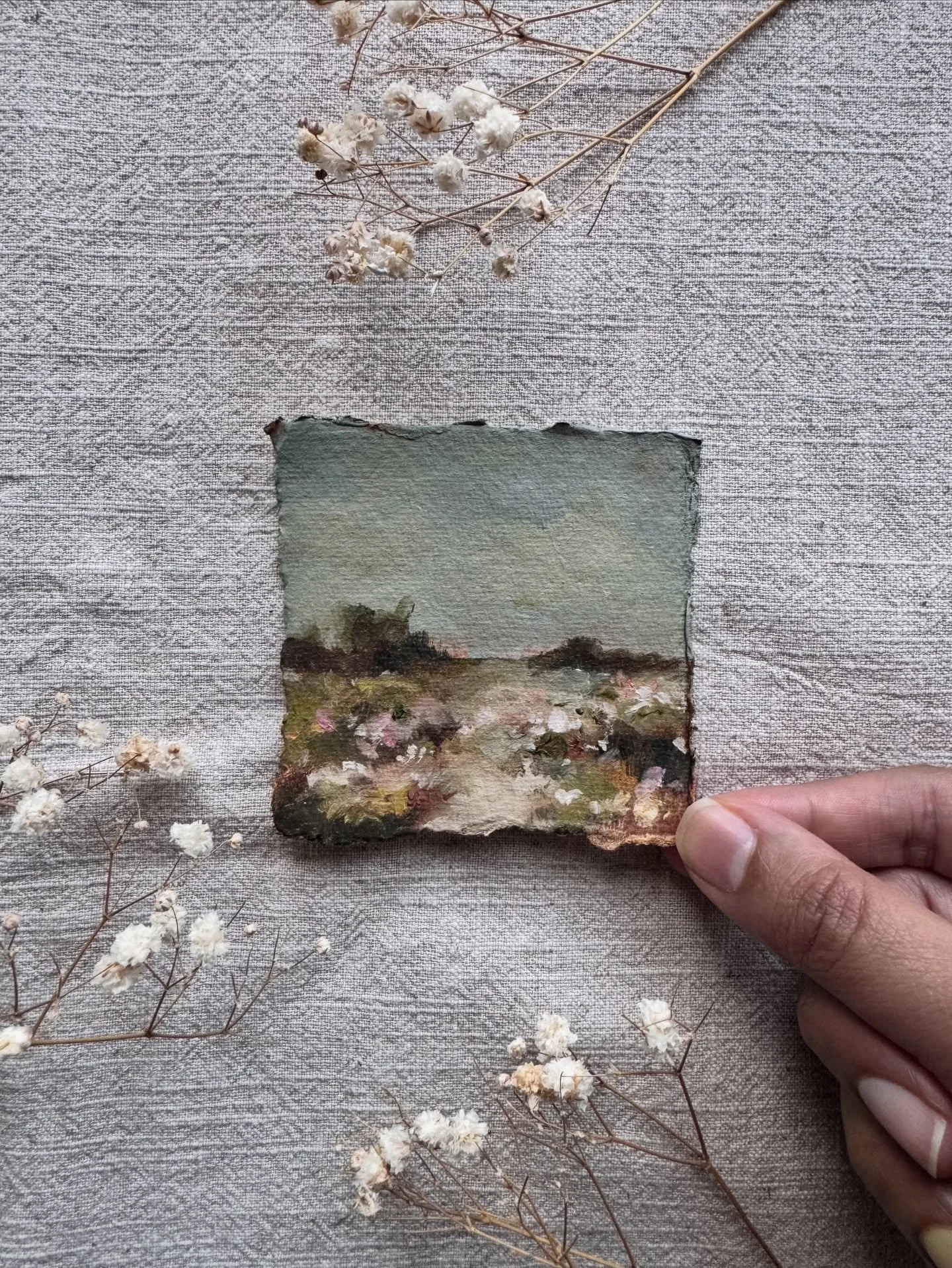 The last ones&hellip;

It&rsquo;s funny how the last few pieces of a collection always feel a little extra precious.
These are the final oil on paper Little Meadow Daydreams still available, soft, tiny landscapes that look beautiful on their own, and