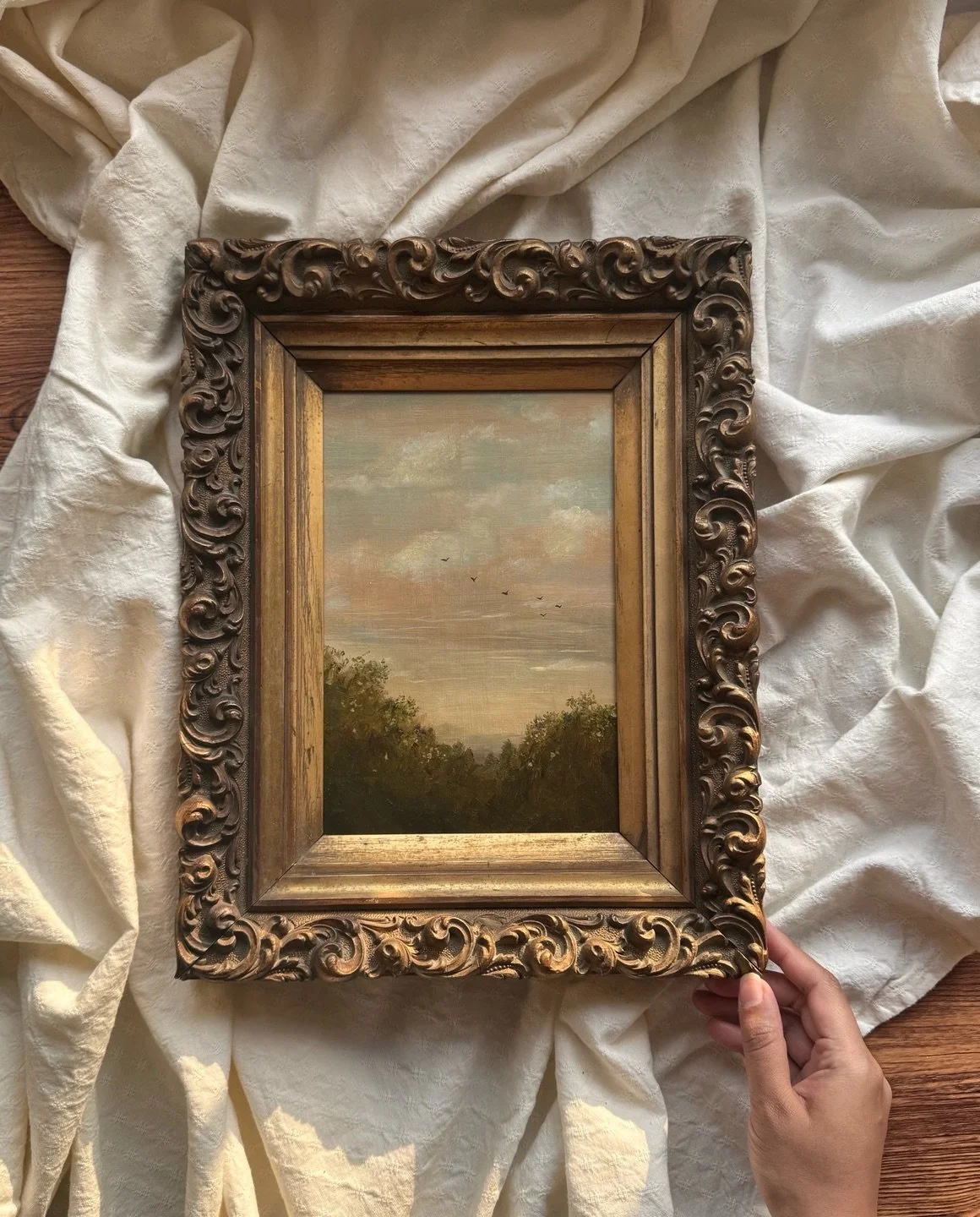 This is the painting that started everything.

I painted it more than a year ago, long before I knew there would be a collection of skies. At the time, it simply felt like an observation, a soft evening sky resting above the trees, birds passing thro