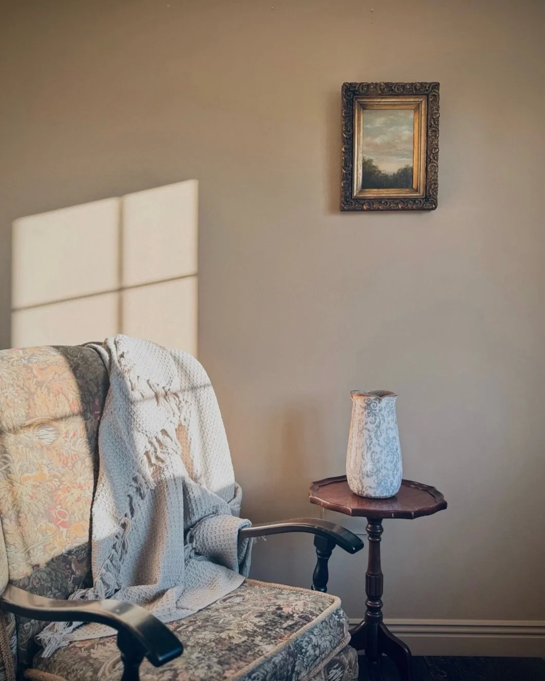 This painting has sat quietly with me for nearly a year.

At first glance, it almost disappears into the room, soft sky, gentle colour, nothing demanding attention. But when you spend a moment with it, small details begin to reveal themselves.

The b