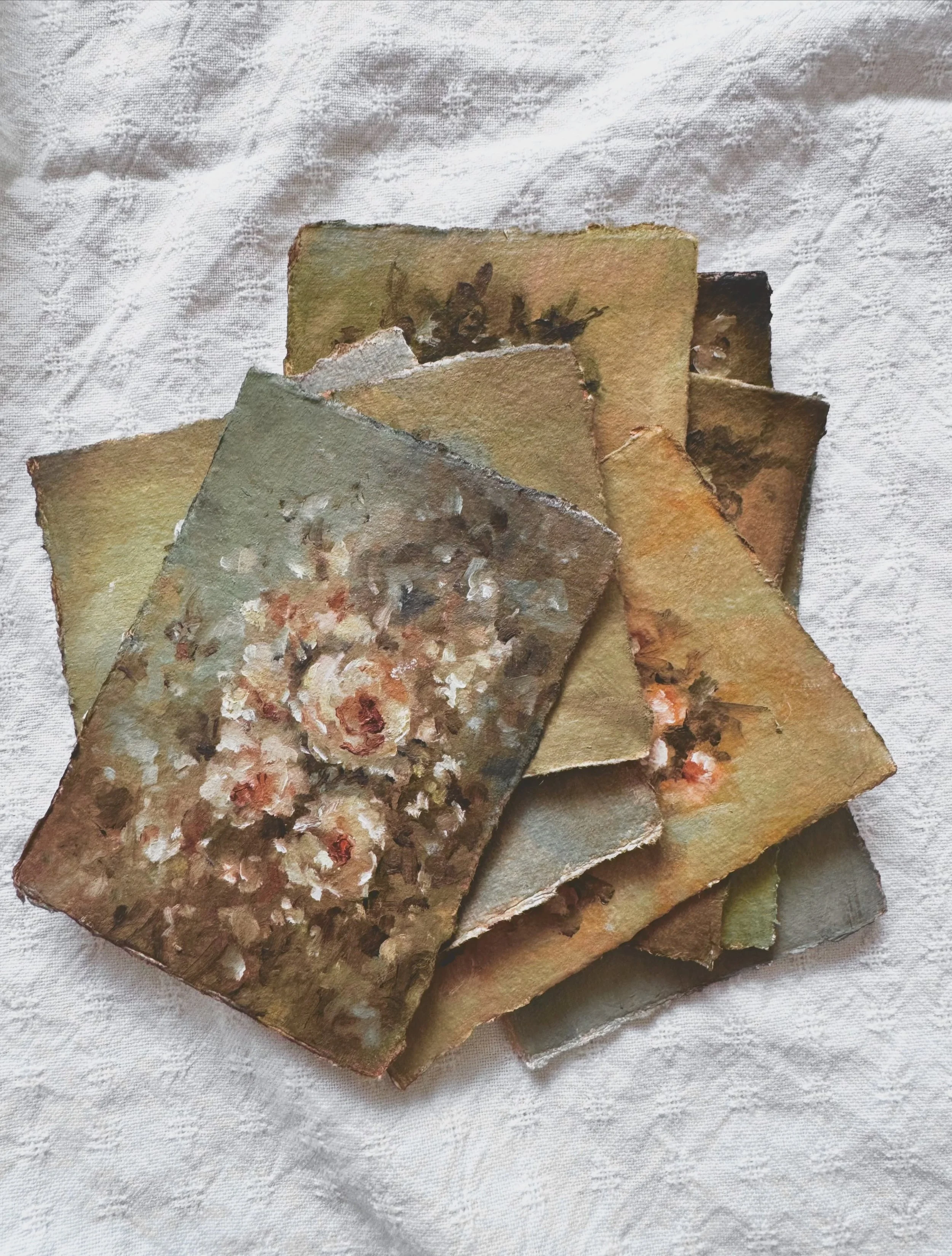 I&rsquo;ve never been able to paint just one.

One rose becomes another.
One study becomes six.

Before long, they&rsquo;re gathered together in little piles around the studio, each one carrying a slightly different feeling.

Some become part of a co