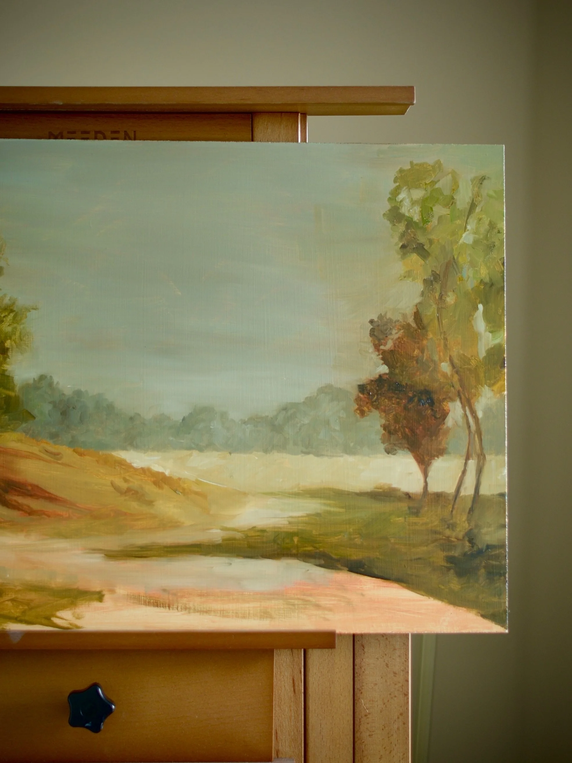The one larger painting in The Way Home collection, still very much in progress.

I began with the pale blue-grey sky and the path moving through the foreground, then slowly started building the land and trees around them. There are still areas to so
