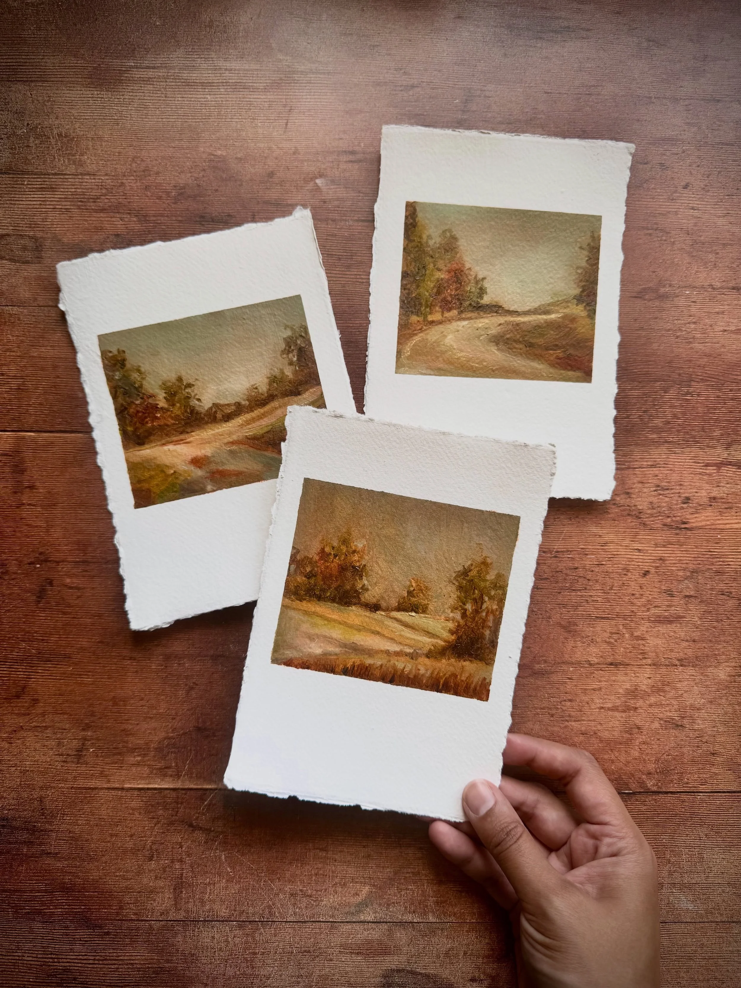 These small paintings have been one of my favourite parts of creating The Way Home.

Working at this scale made me pay attention to the smallest shifts, the warmth at the edge of a field, a line of trees softening into the distance, and the way a pat