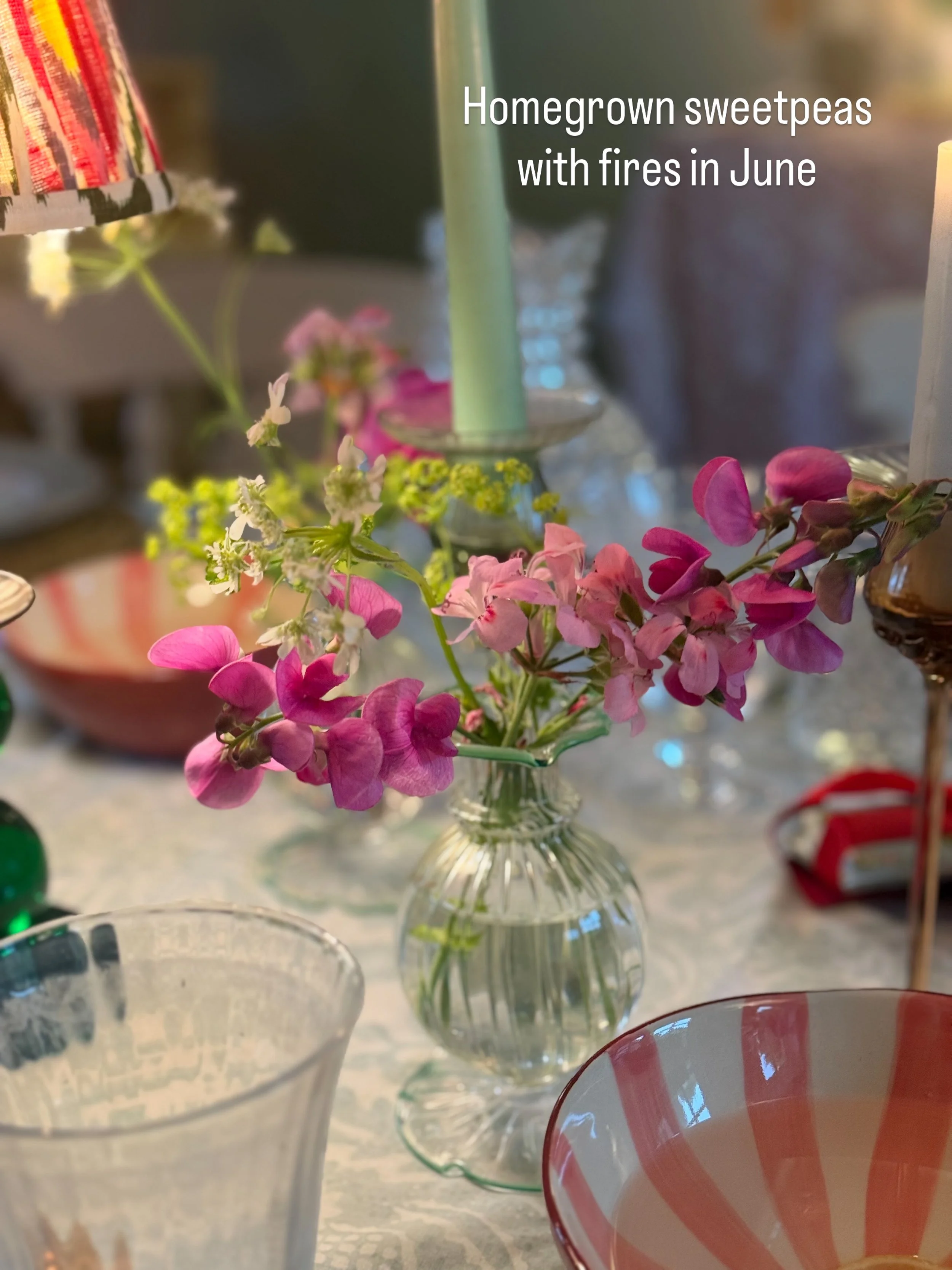 Our recent crazy weather gave me sweetpeas freshly picked from the garden and a fire lit to keep Birthday dinners cosy! June joys. 

Love a table with mismatched plates from secondhand finds, my great grandmother, and @musango_ideas .
Lots of @estera