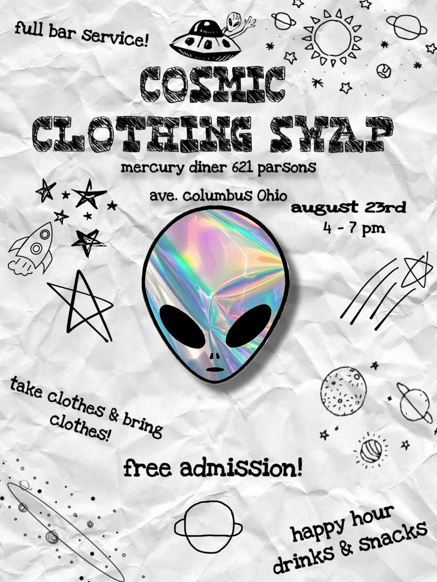 ONE WEEK FROM TODAY (!!!) Bring your unwanted clothing &amp; accessories to the diner for a cosmic clothing swap 👽 here&rsquo;s how it works:

🪧 Tables and racks will be organized around the dining room by size or type.
🔎 Drop off your items and b