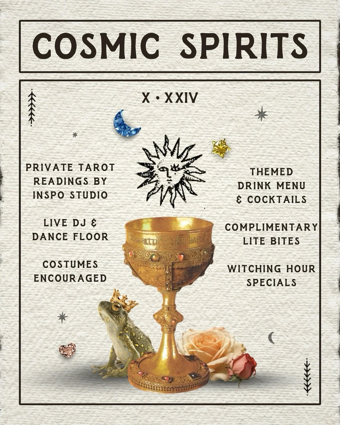 October 24th, a night where fate, fortune and festivity align 🔮 step into the realm of the mystical at COSMIC SPIRITS!

With private tarot readings from @inspostudio.co, themed drink menu, witching hour specials and live vibes brought to you by @hal