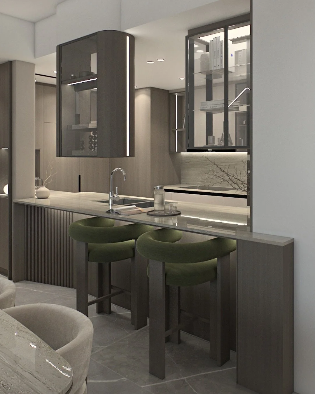 A bespoke kitchen designed to blend seamlessly into the rhythm of living.
Flowing naturally into the dining and living areas, the space feels unified, calm, and intentionally composed.
Luxury reveals itself in proportion, continuity, and the quiet co