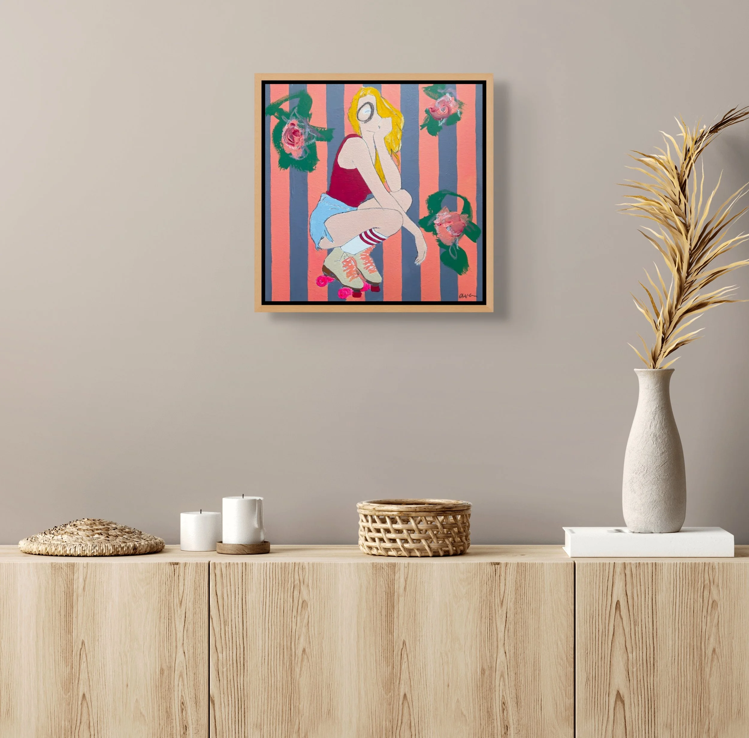 Room Mockup of Dreaming by Alissa Van Atta showing vintage-style roller skates with bright pink wheels, orange laces, striped socks, and expressive acrylic painting.