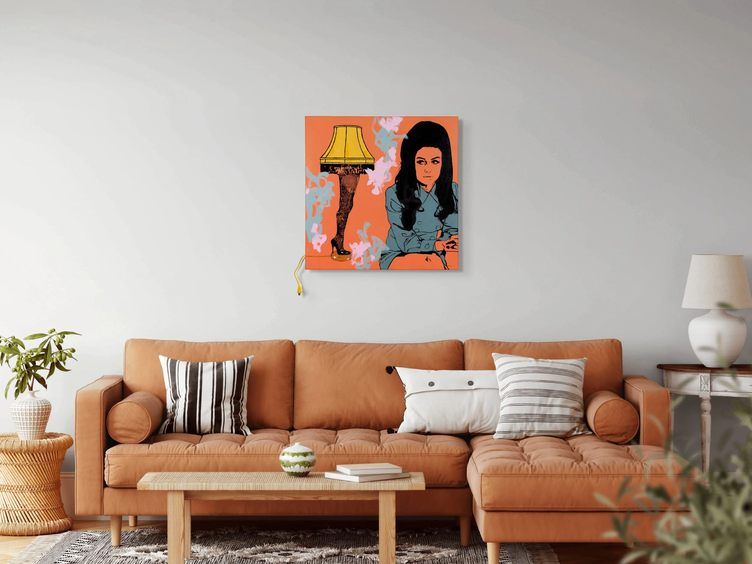 Shedding Light displayed above a chair in a contemporary interior, showing the scale of the 36-inch square painting