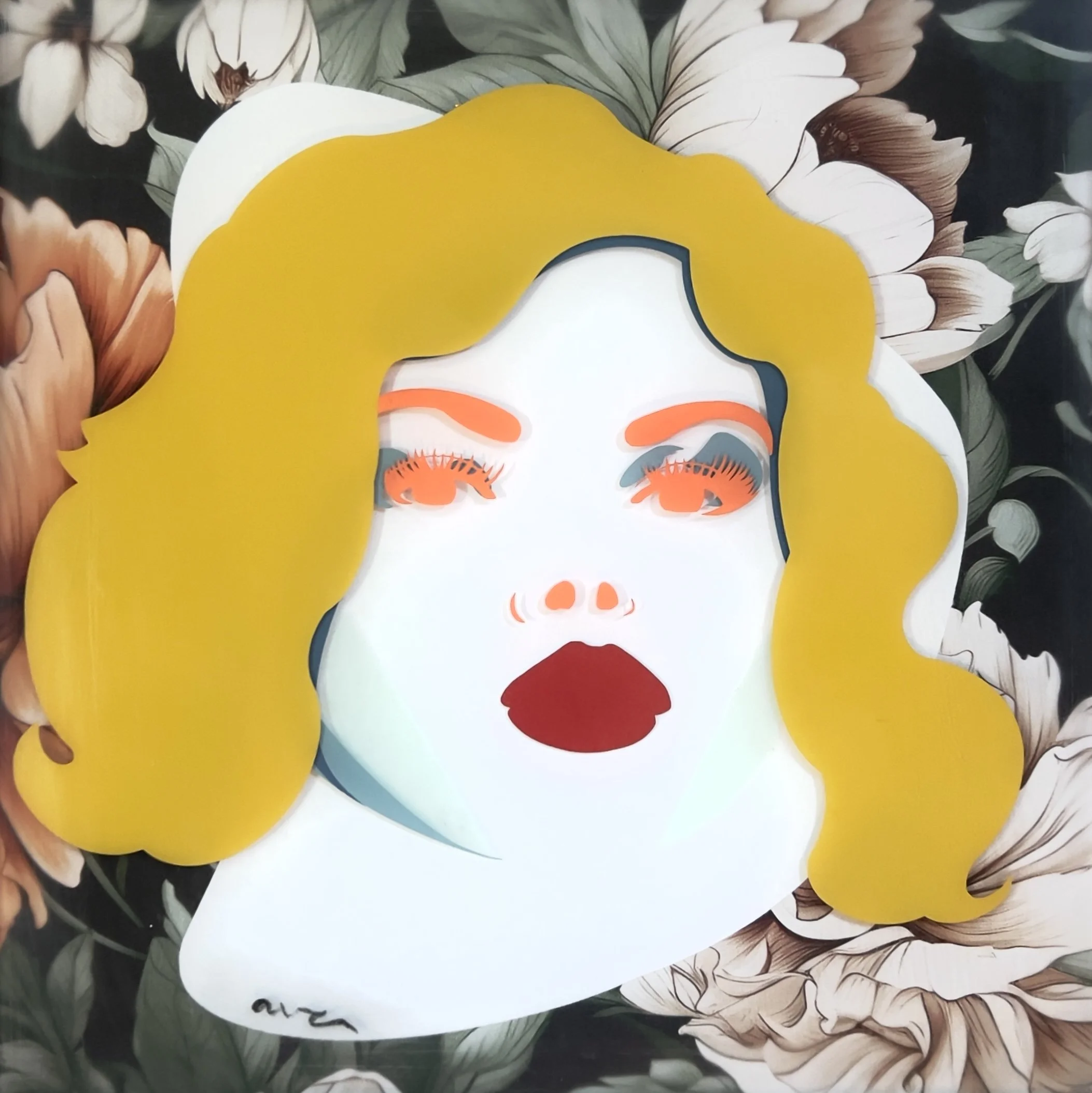 Chloe by Alissa Van Atta, original resin and mixed media portrait of a blonde woman with golden-yellow hair, coral eye makeup, and crimson lips against a dark vintage floral background.