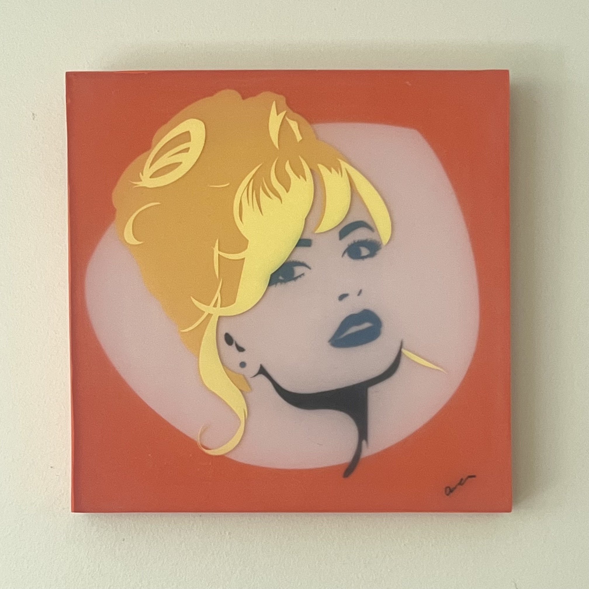 Full view of Bridgette, an original mixed media Pop Art portrait with a vivid coral background