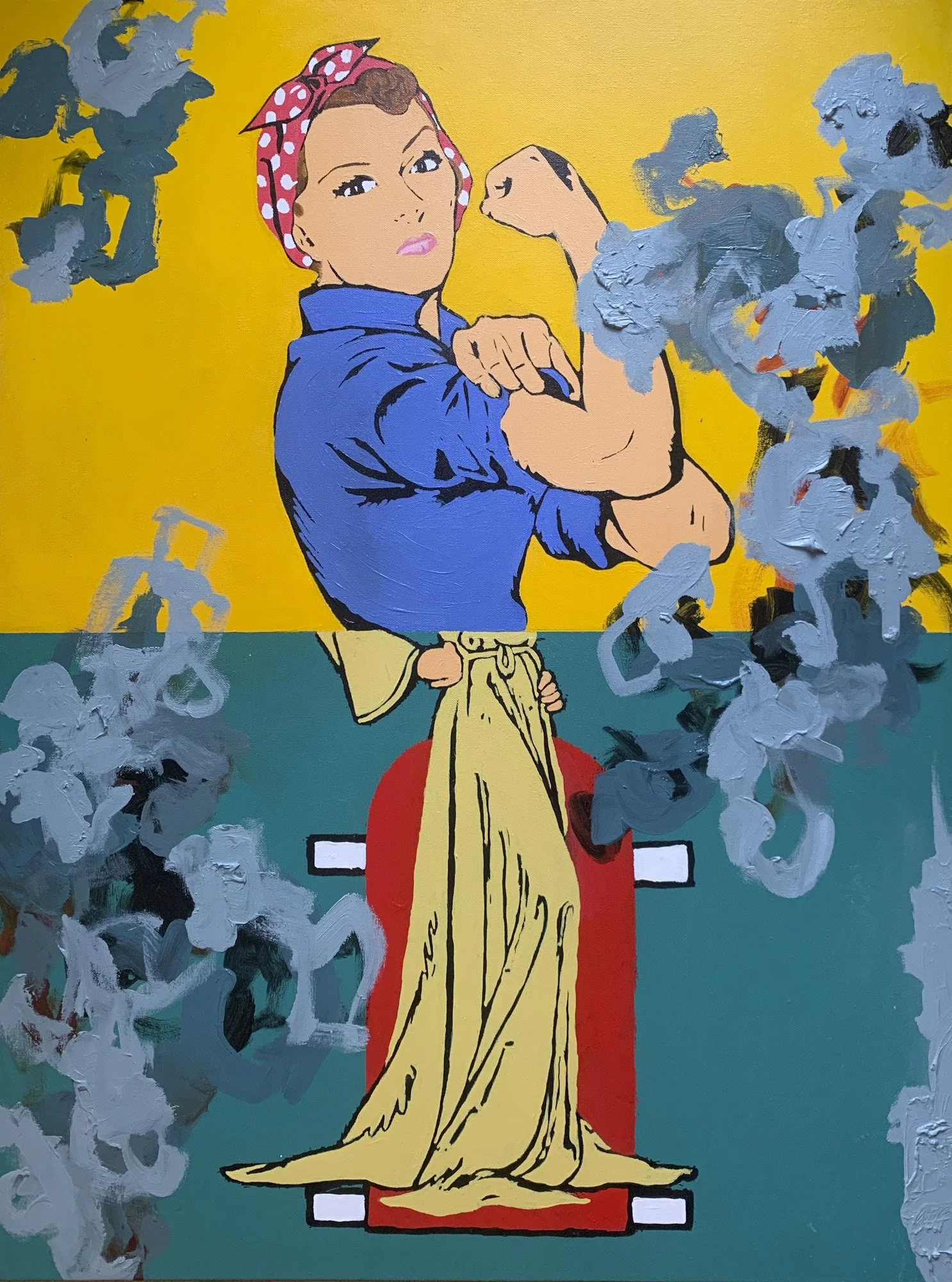 Sliding Scale by Alissa Van Atta, original feminist figurative painting featuring Rosie the Riveter flexing her arm above a long yellow gown, with vivid yellow, teal, and expressive blue-gray brushstr