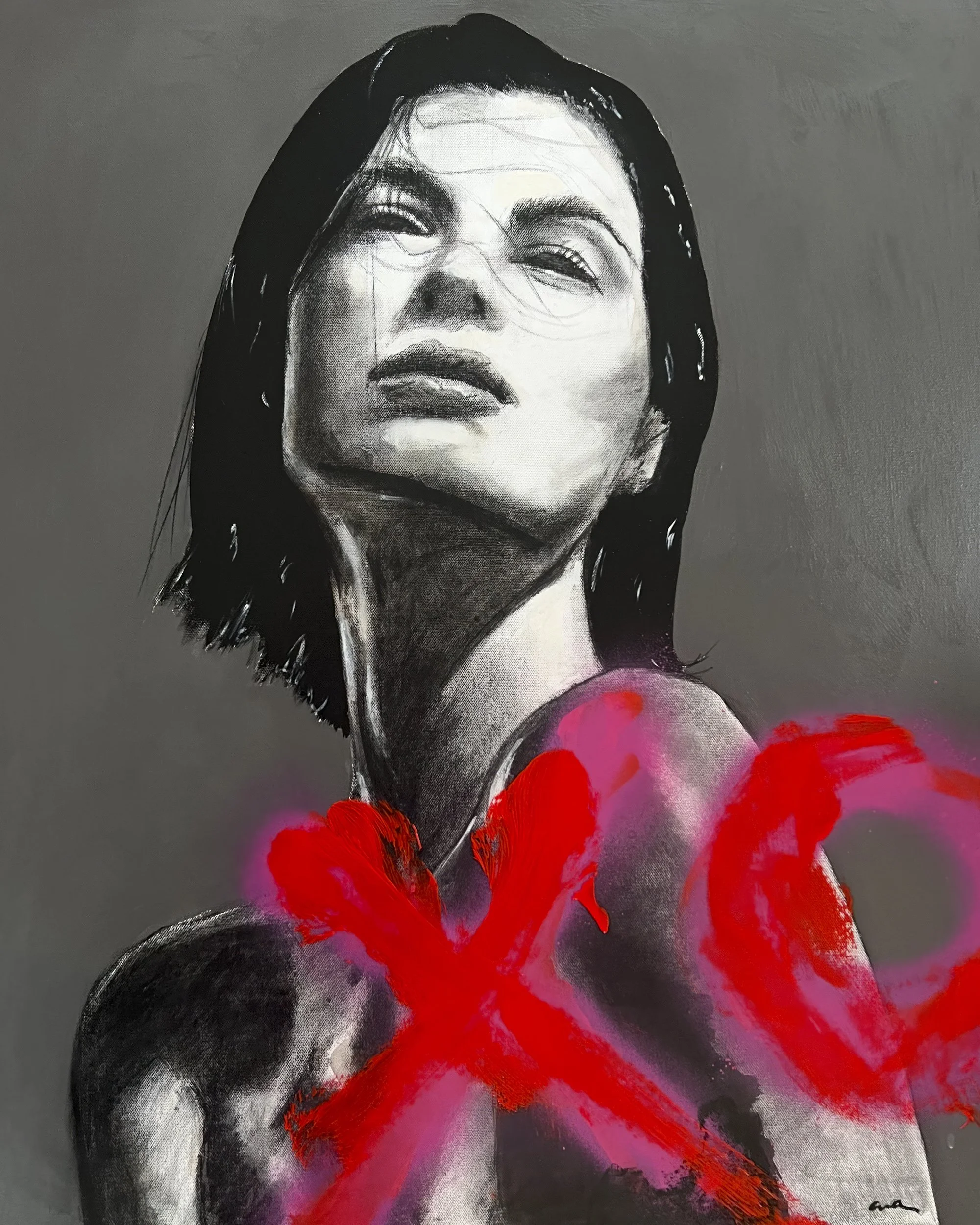 Valentine by Alissa Van Atta, original acrylic and charcoal figurative painting featuring a grayscale portrait of a woman with bold red and pink XO marks across the lower composition.