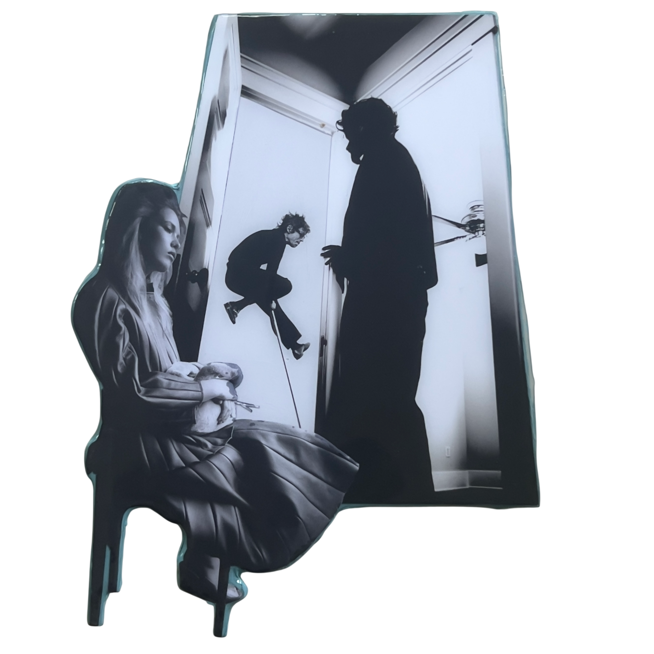 Feminist mixed media artwork featuring black and white figures in a confined interior scene, resin collage exploring memory and emotional tension