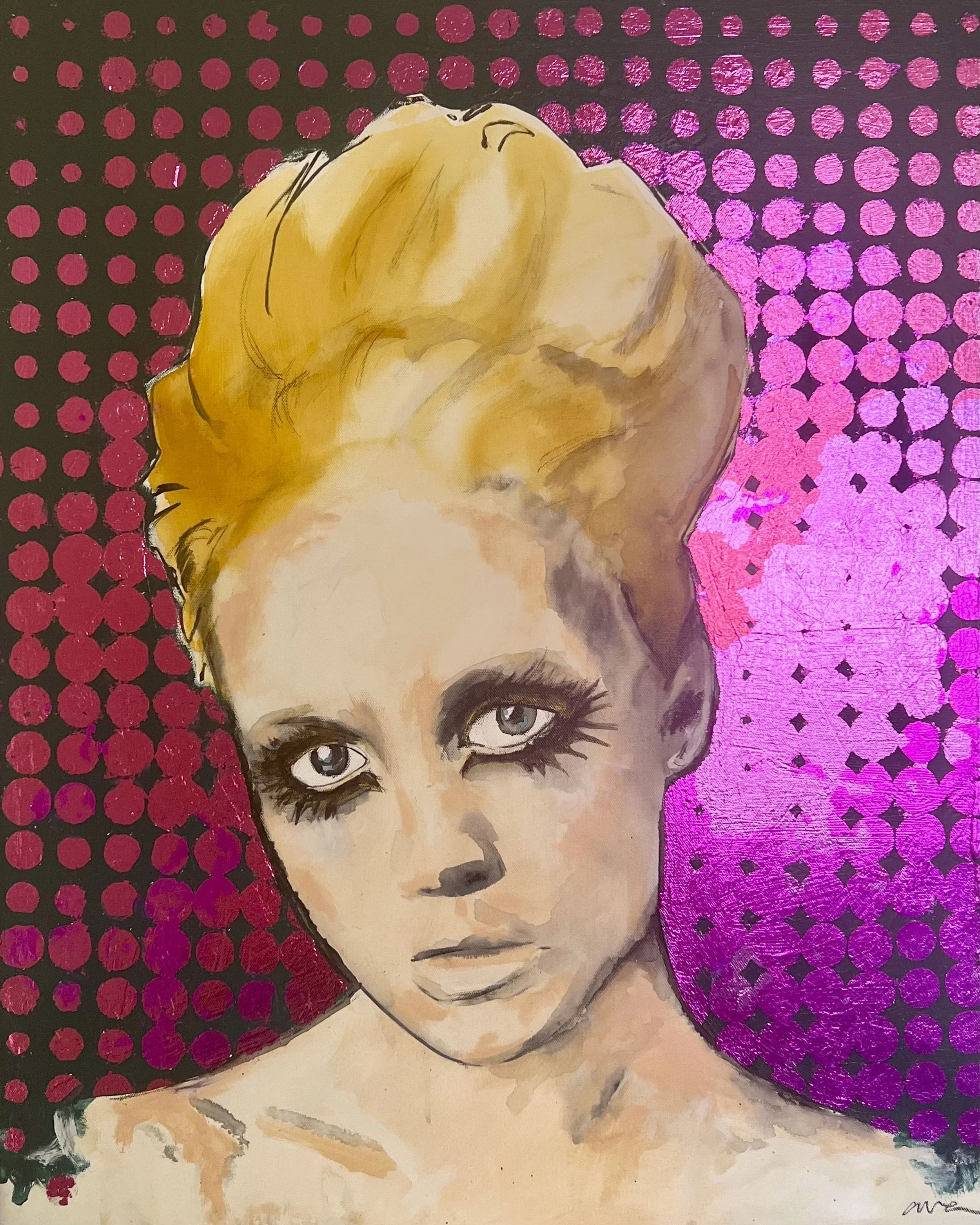 Softly creeping visions by Alissa Van Atta, original acrylic and metallic leaf painting featuring a blonde woman with dramatic dark eye makeup against a shimmering pink polka-dot background.
