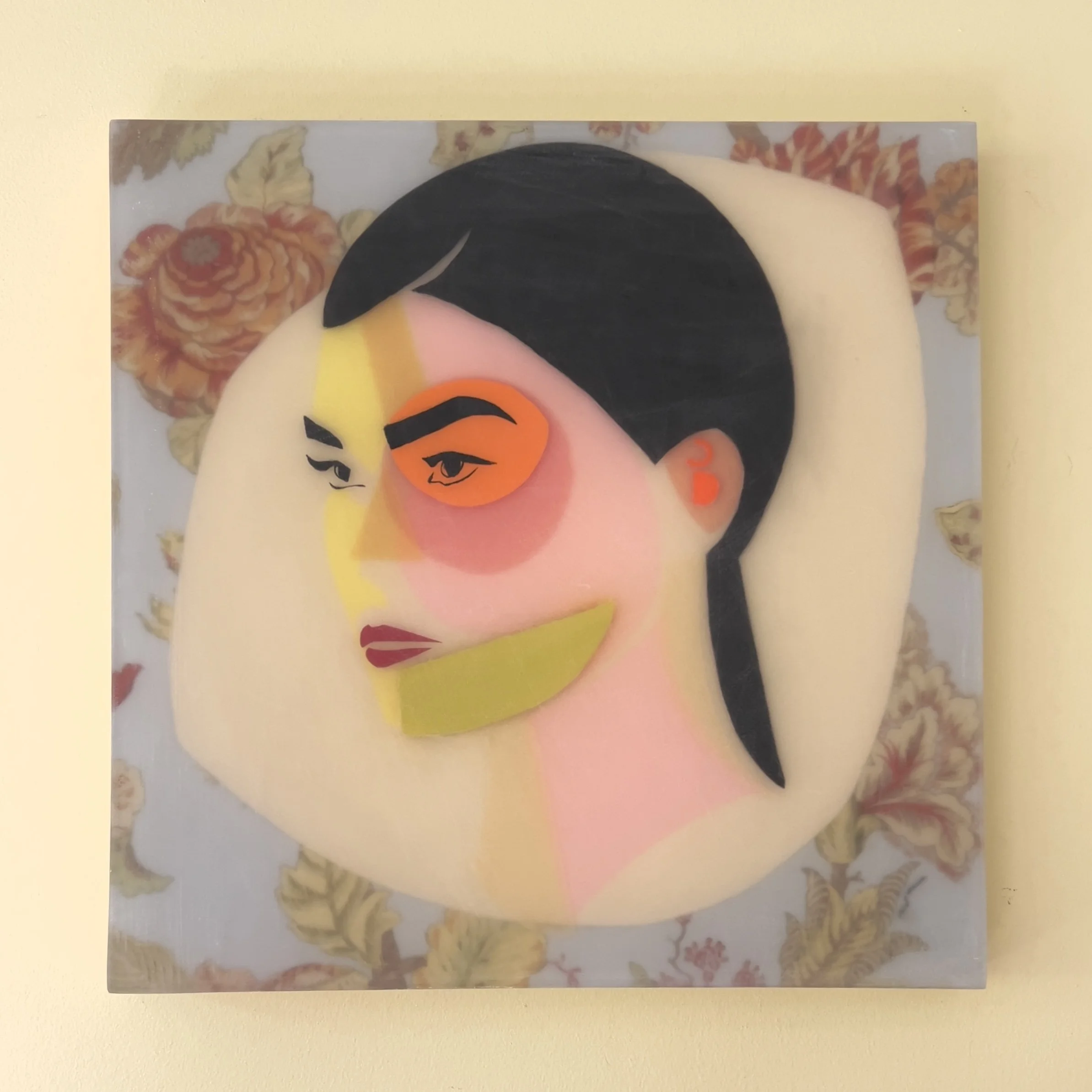 Front view of Adeline showing the complete portrait and vintage floral patterned background