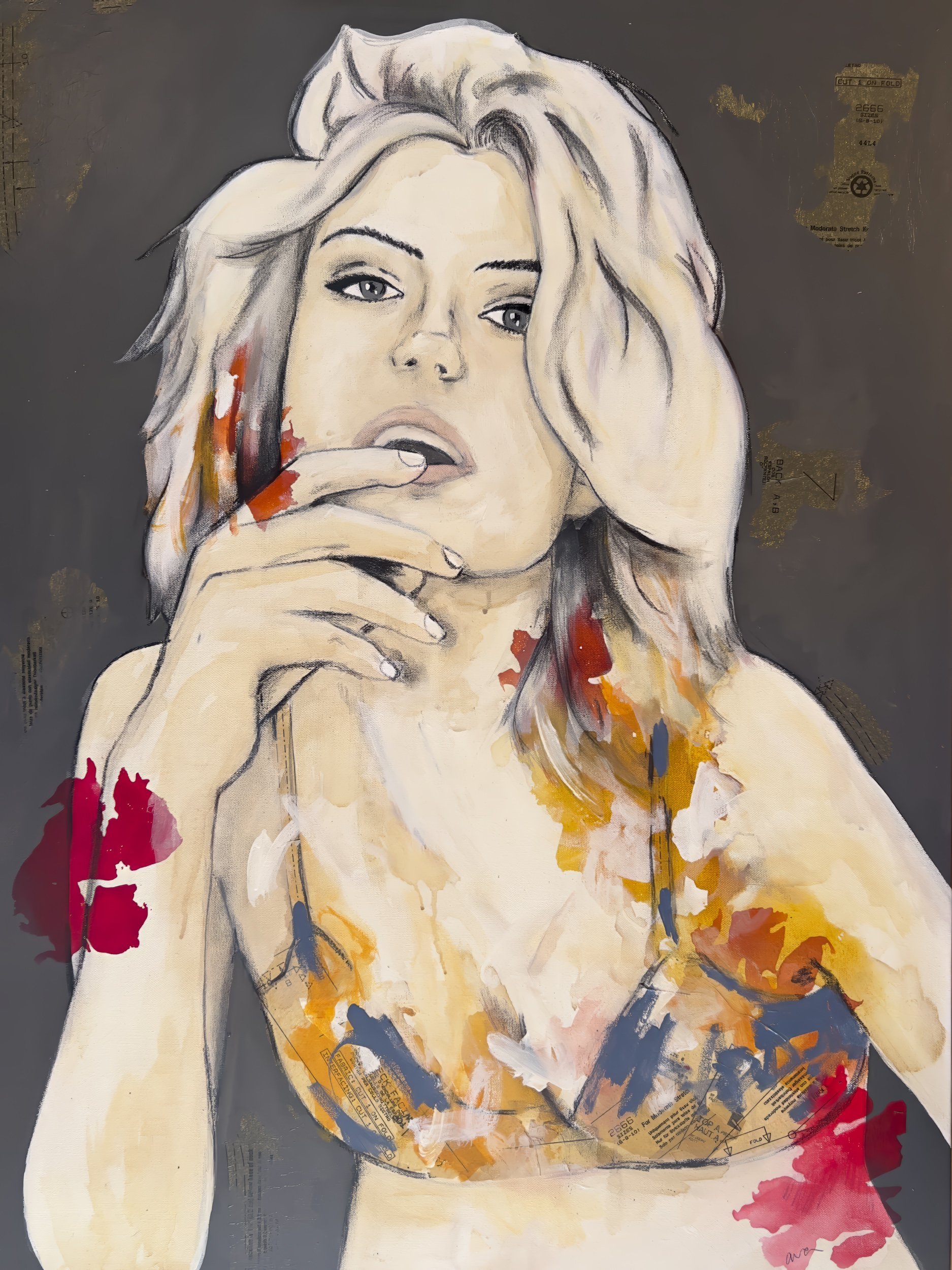 Annabelle by Alissa Van Atta, original contemporary figurative painting of a blonde woman with a finger near her lips, expressive red and orange brushstrokes, and a dark background.