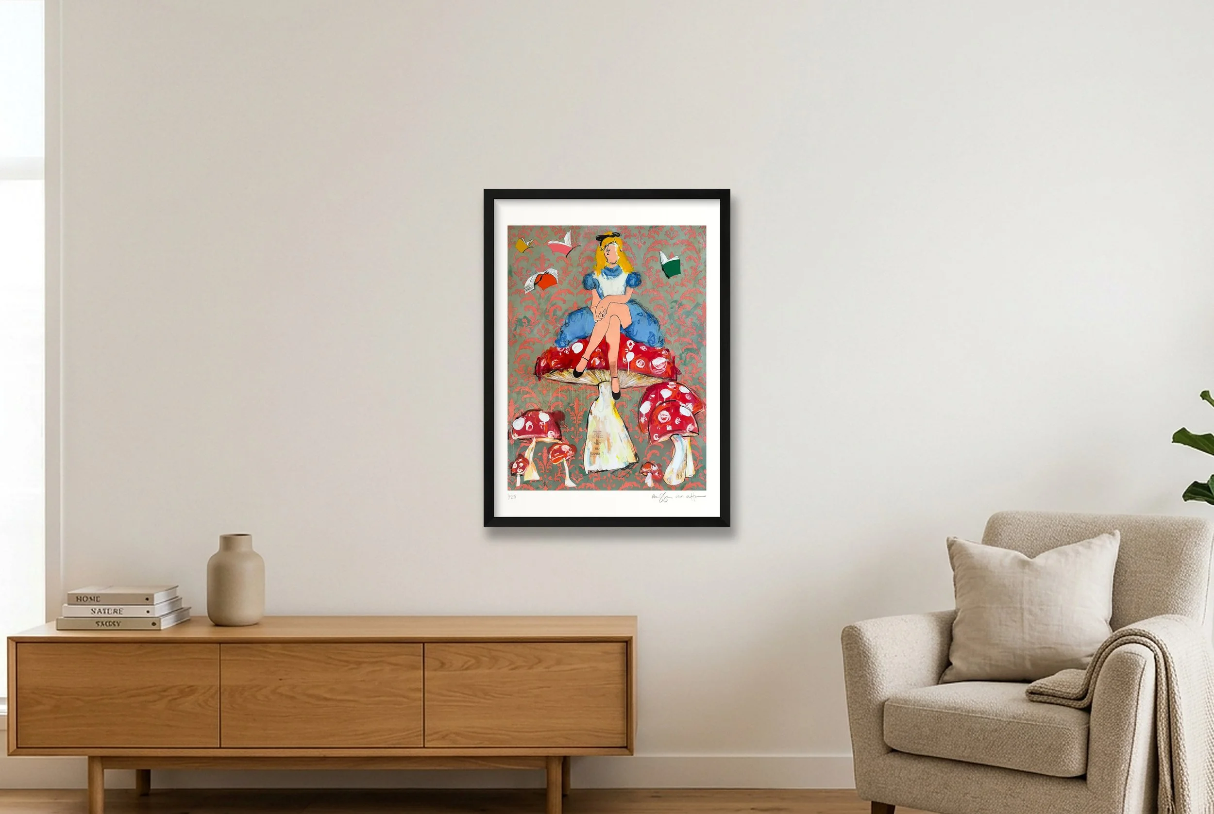 Waiting in Wonderland by Alissa Van Atta displayed in a black wood frame.