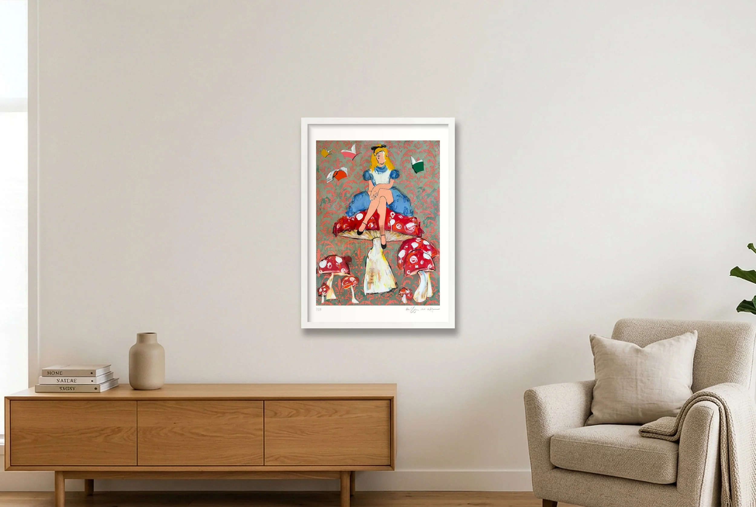 Waiting in Wonderland by Alissa Van Atta displayed in a white wood frame.