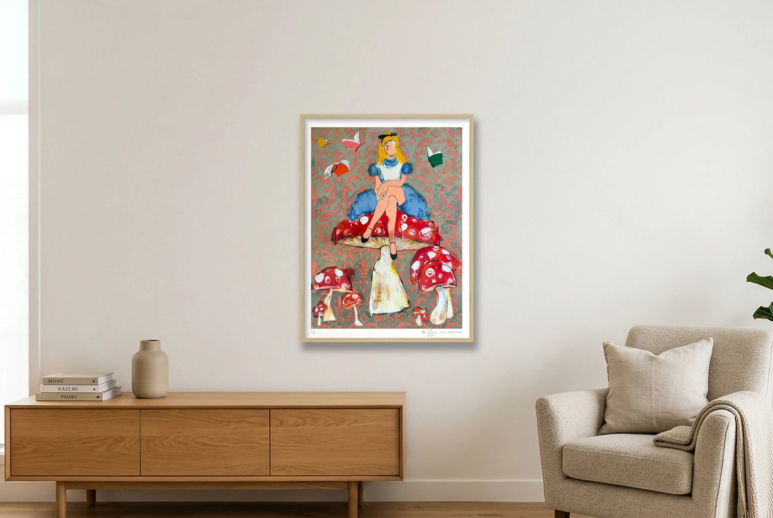 Waiting in Wonderland by Alissa Van Atta displayed in a natural oak wood frame.