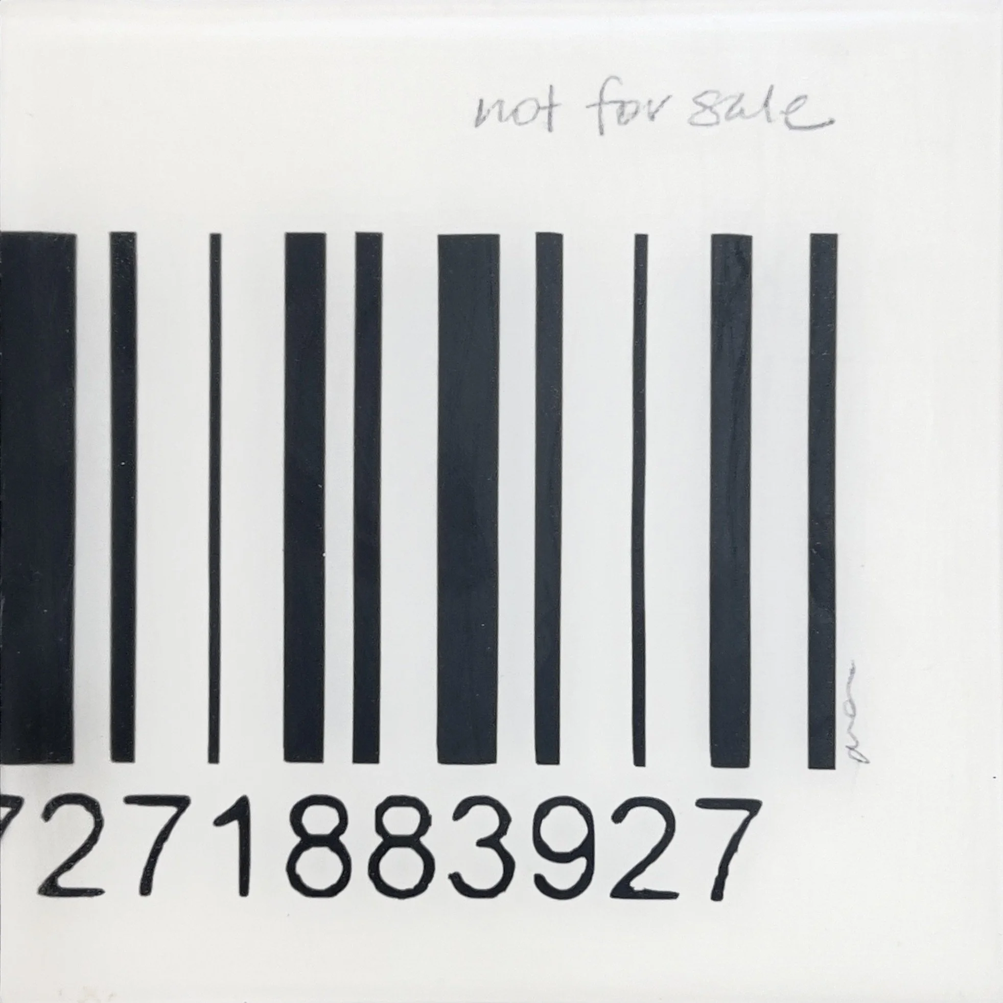 Not for Sale by Alissa Van Atta, original framed feminist barcode artwork featuring black vertical barcode lines and handwritten not for sale text on a white resin-finished surface.