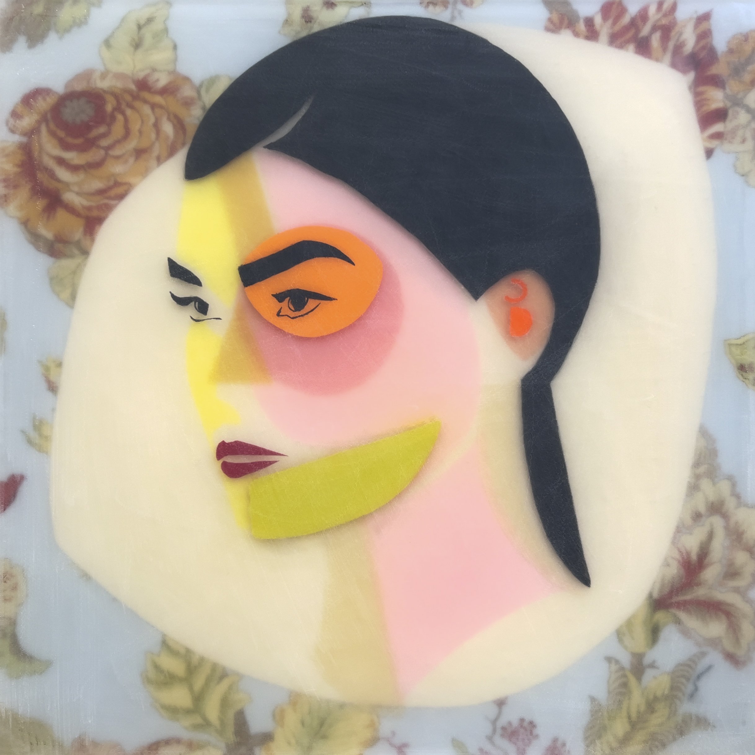 Adeline by Alissa Van Atta, original resin and mixed media portrait featuring a dark-haired woman with fragmented yellow, orange, pink, and green facial features against vintage floral wallpaper.