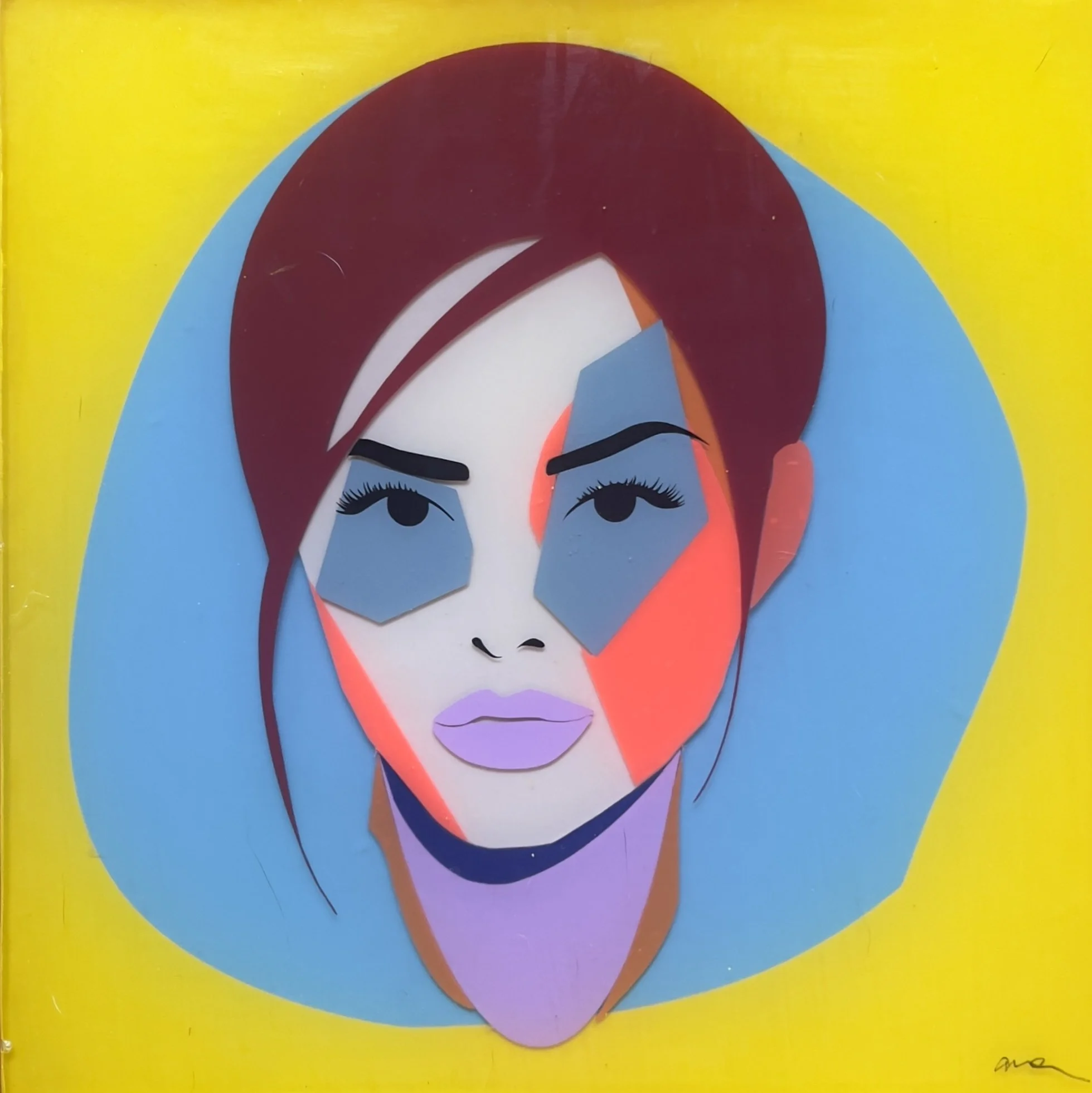 Evie by Alissa Van Atta, original resin and mixed media Pop Art portrait of a woman with burgundy hair, geometric blue facial features, and lavender lips against a vibrant yellow background.
