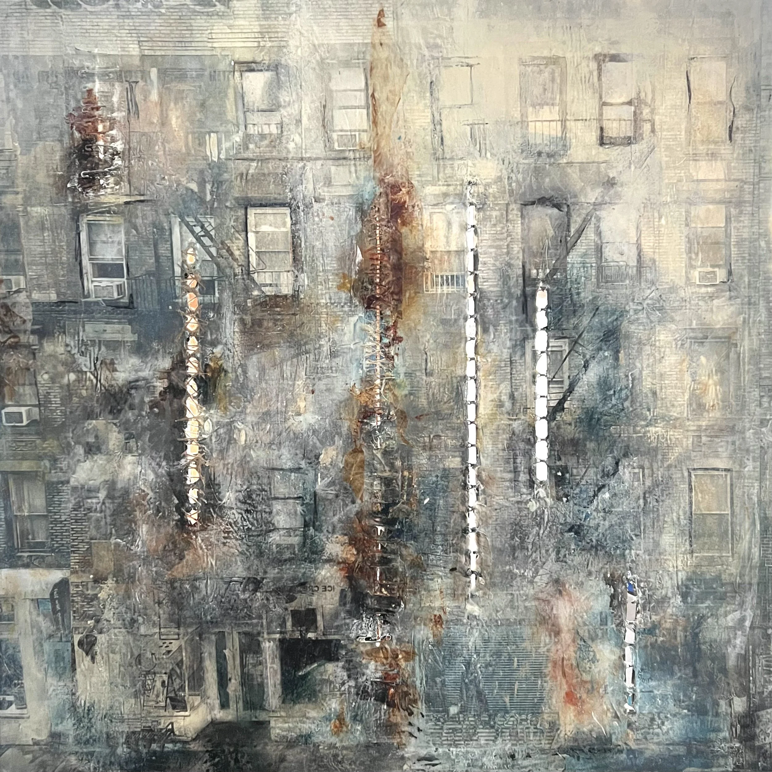 Indigo by Alissa Van Atta, original New York City abstract painting with layered blue architectural facades, windows, rust-colored textures, and mixed media on canvas.
