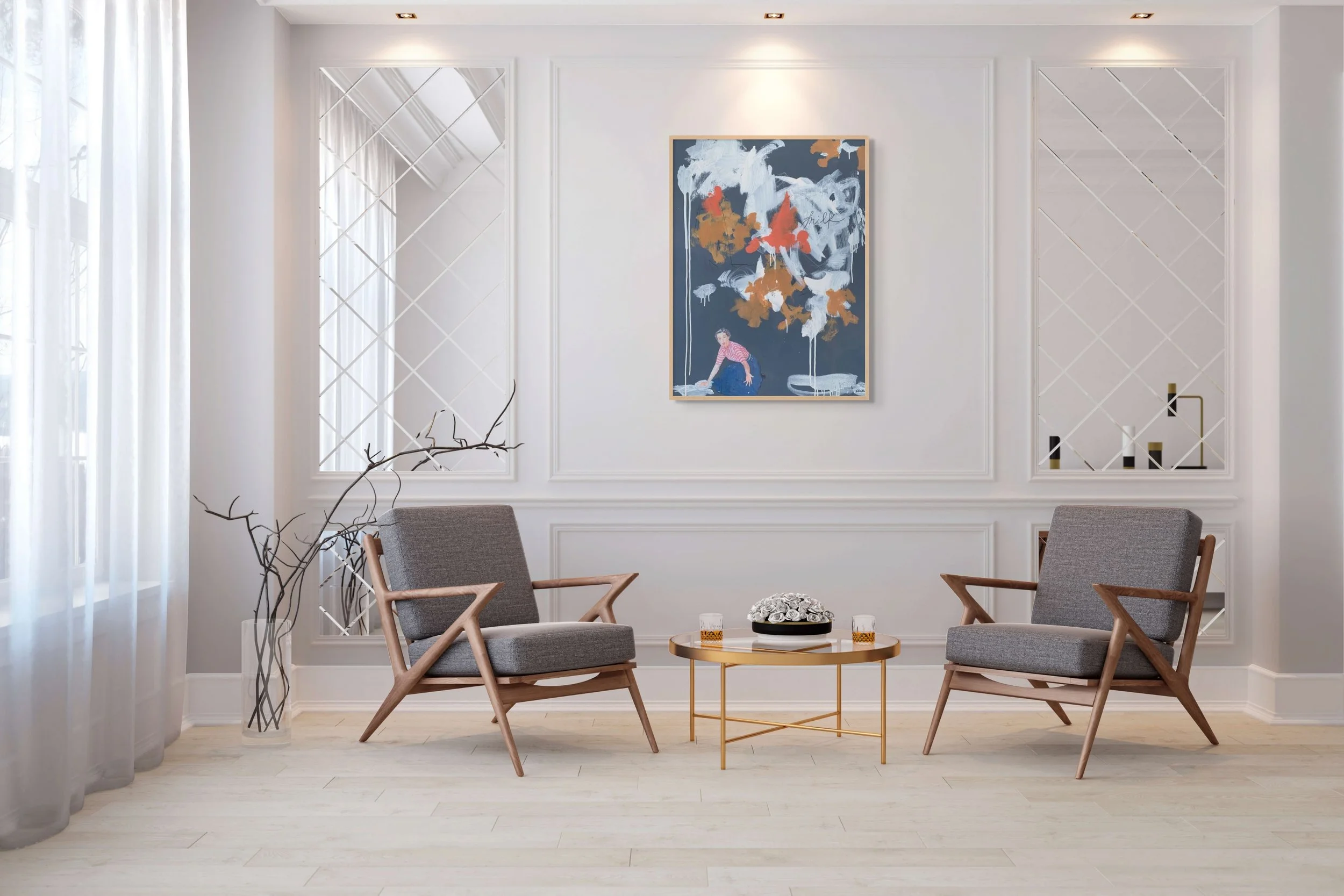Spilled Milk, an original 40 by 30 inch contemporary painting by Alissa Van Atta, displayed above a wooden console in a modern interior.