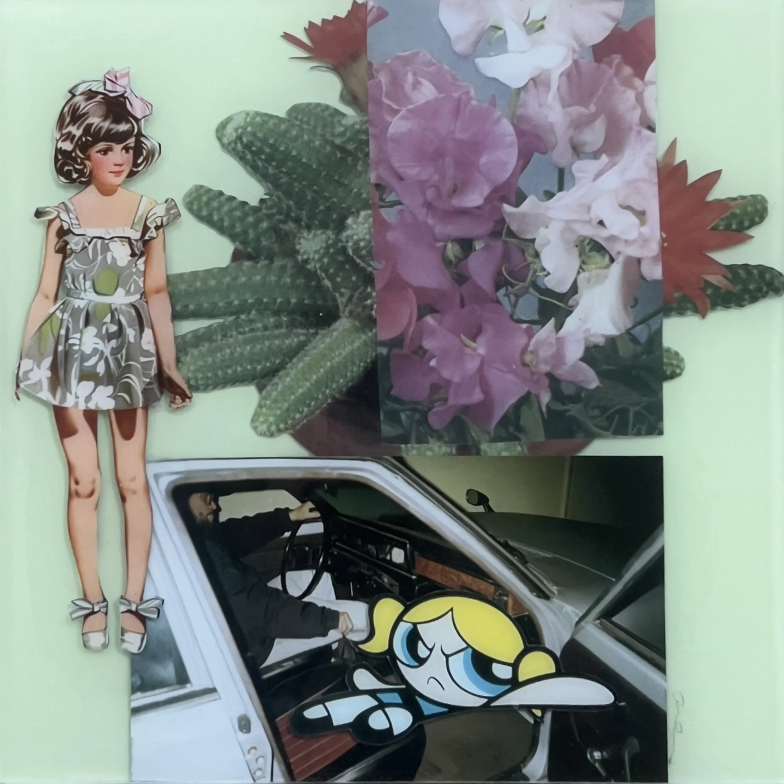 Sugar and Spice by Alissa Van Atta, mixed media resin collage exploring femininity, girlhood imagery, and layered textures