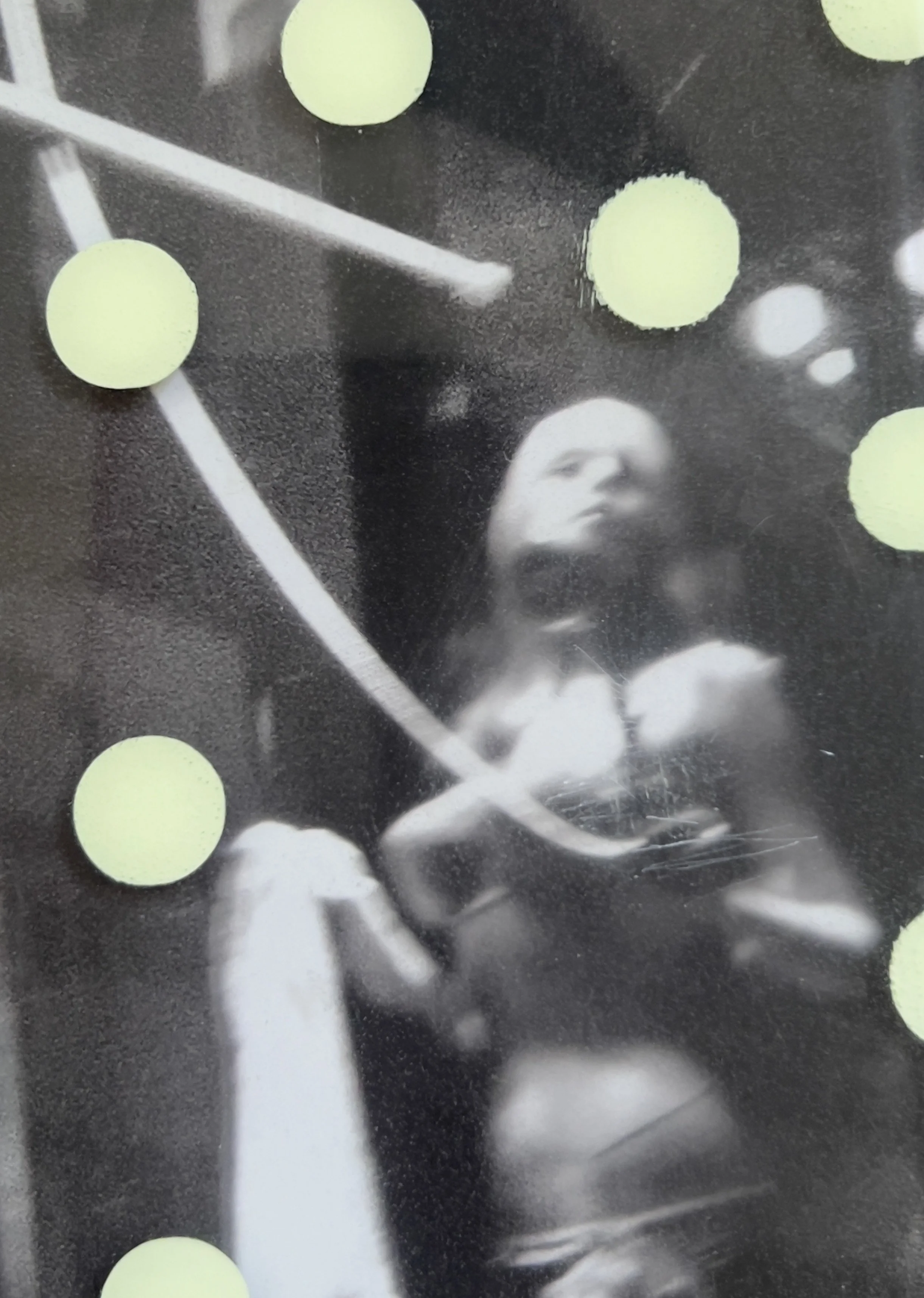 Detail of Show Pony highlighting layered collage, resin surface, and fragmented female figure.