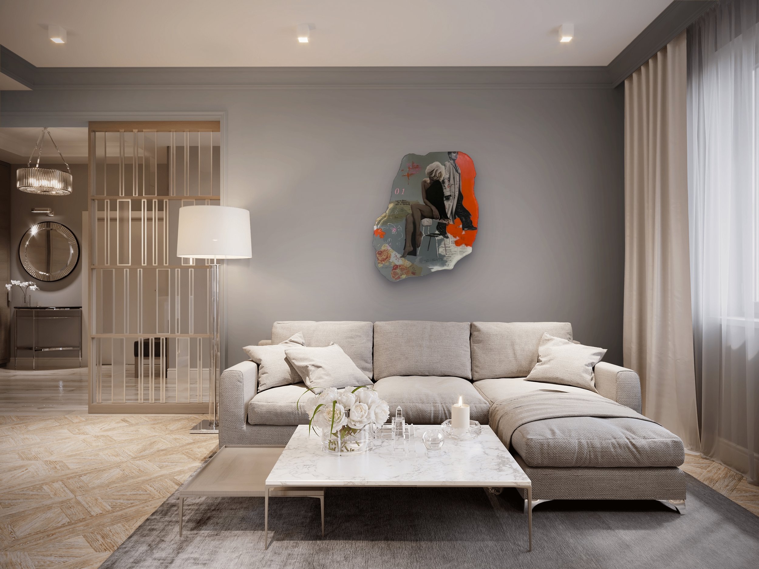 Never Anyone's Number One displayed in a contemporary living room to demonstrate the scale of the original mixed media artwork.