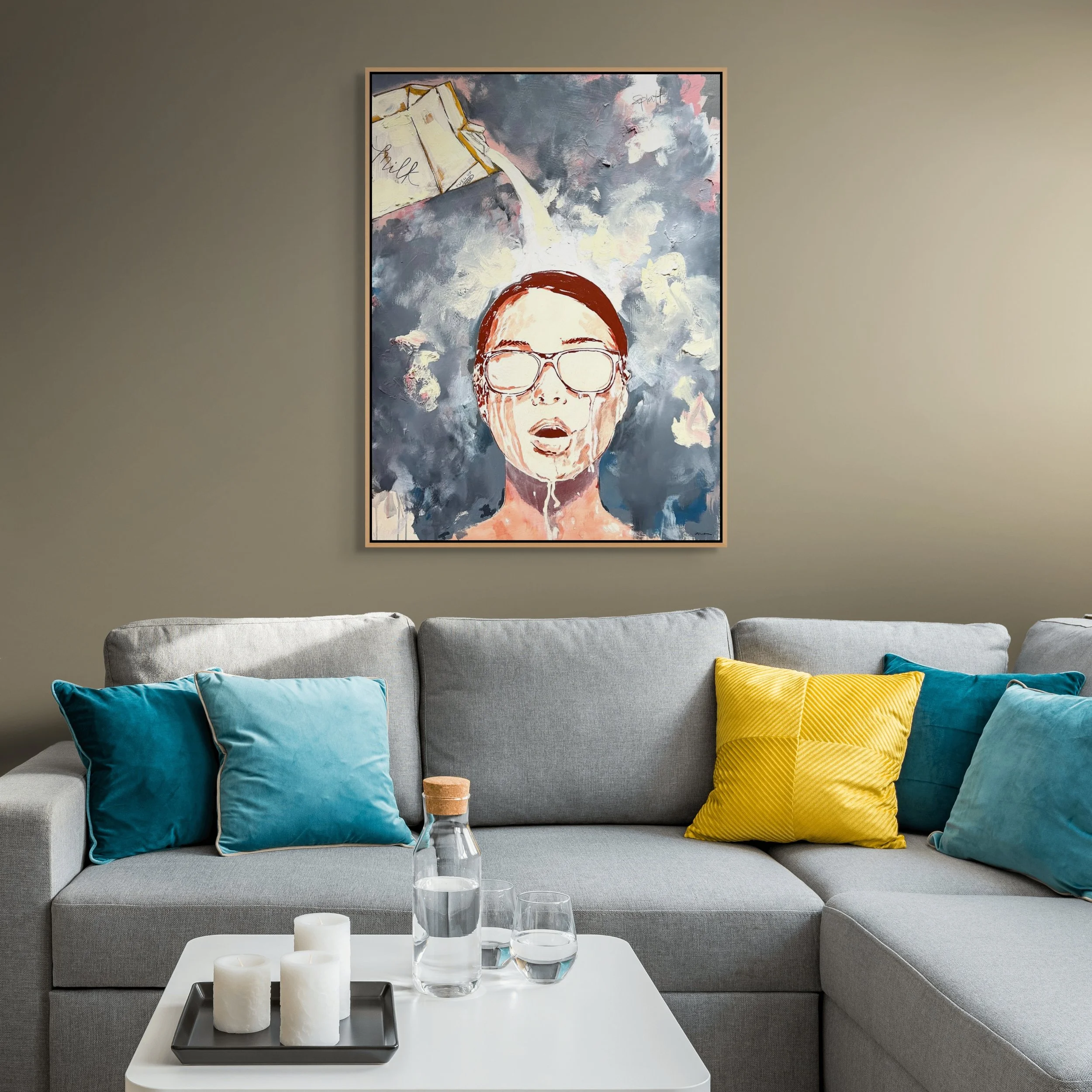 Milk Pour, a 40 by 30 inch original figurative painting by Alissa Van Atta, displayed in a contemporary interior