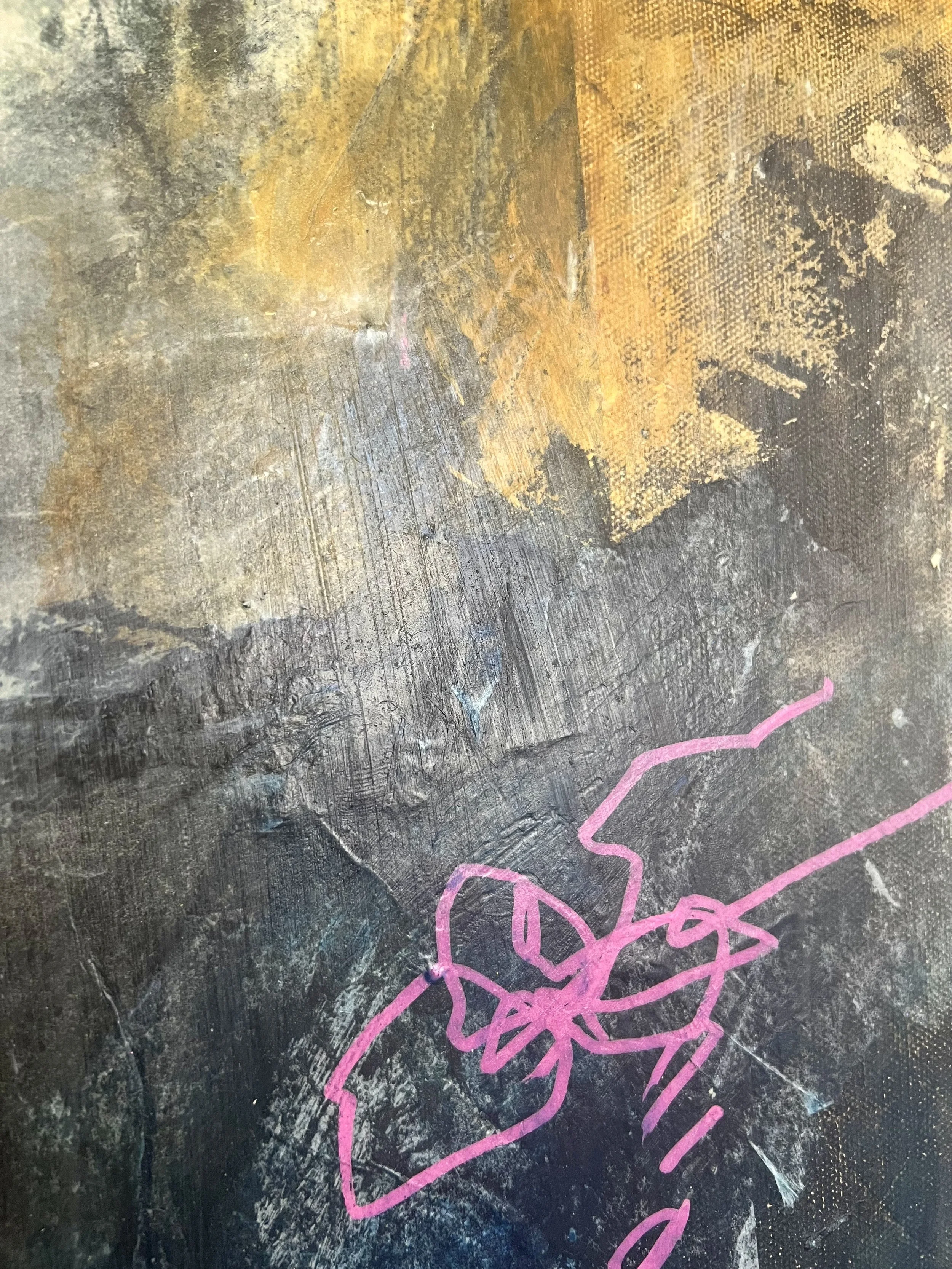 Close-up of The Siren by Alissa Van Atta highlighting expressive hot-pink linear marks, golden ochre passages, and the textured dark cold wax surface.