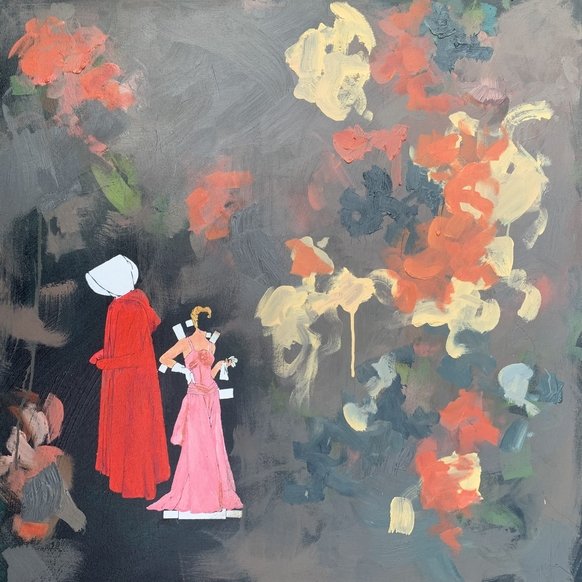 Under his Eye by Alissa Van Atta, original feminist mixed media painting featuring a red-cloaked Handmaid and a woman in a pink gown beneath expressive coral, cream, and blue-green brushstrokes on gra