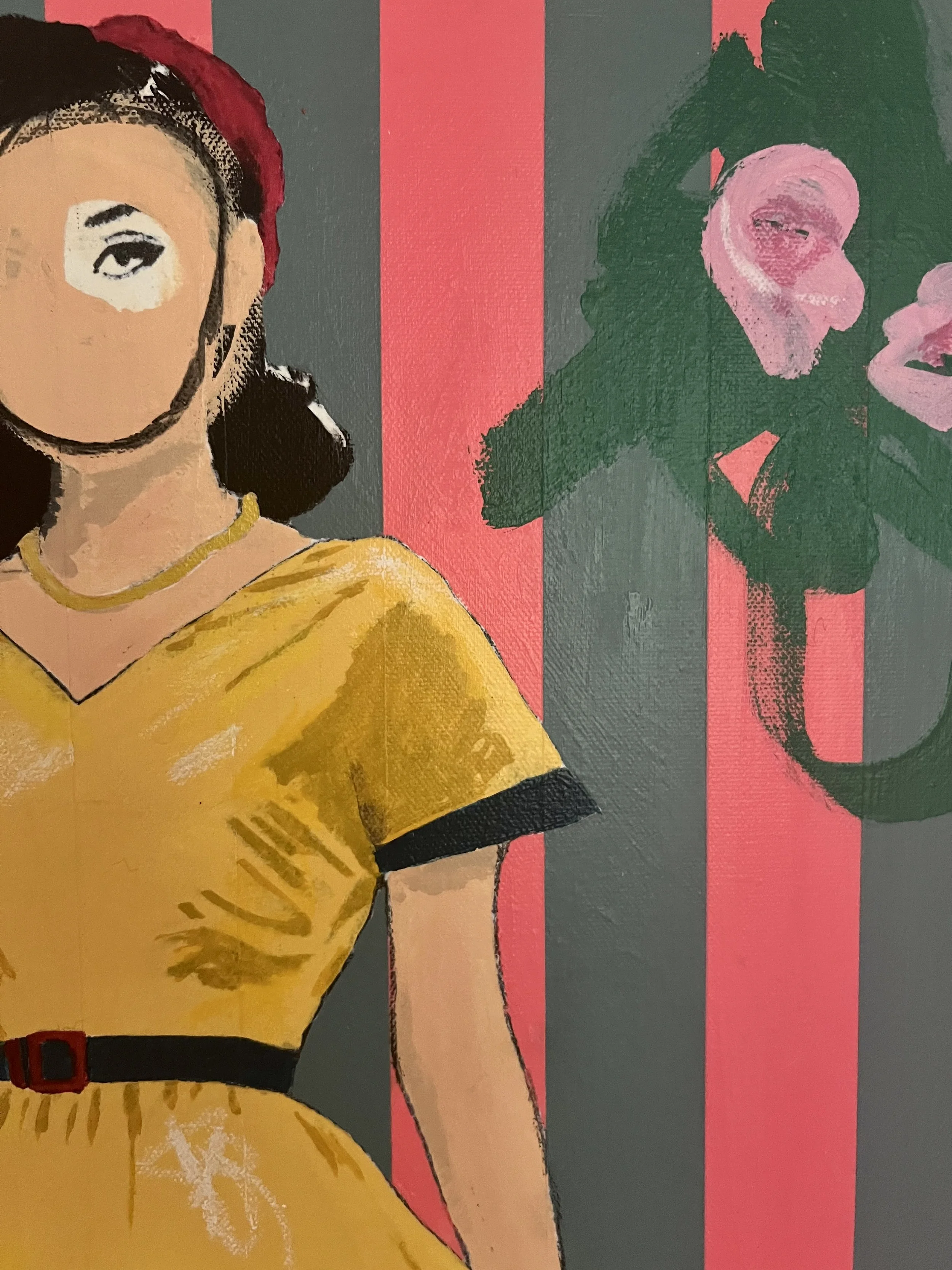 Close-up of Lady Wallflower by Alissa Van Atta showing a woman's stylized face with a single visible eye, yellow dress, pink roses, and bold striped background.