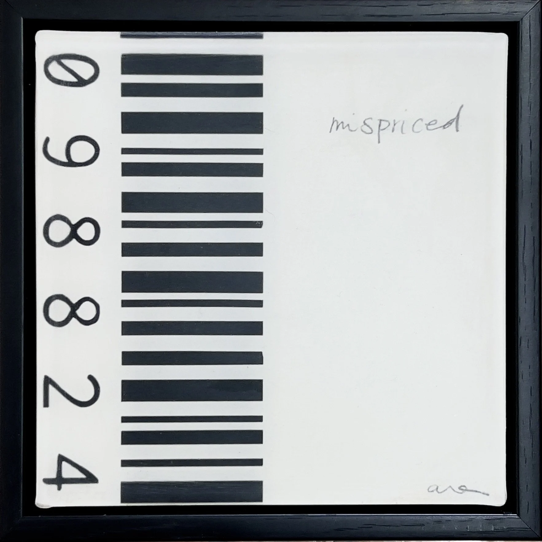 Mispriced by Alissa Van Atta, original black-and-white feminist barcode artwork with horizontal black stripes, vertical numbers, and delicate handwritten mispriced text.