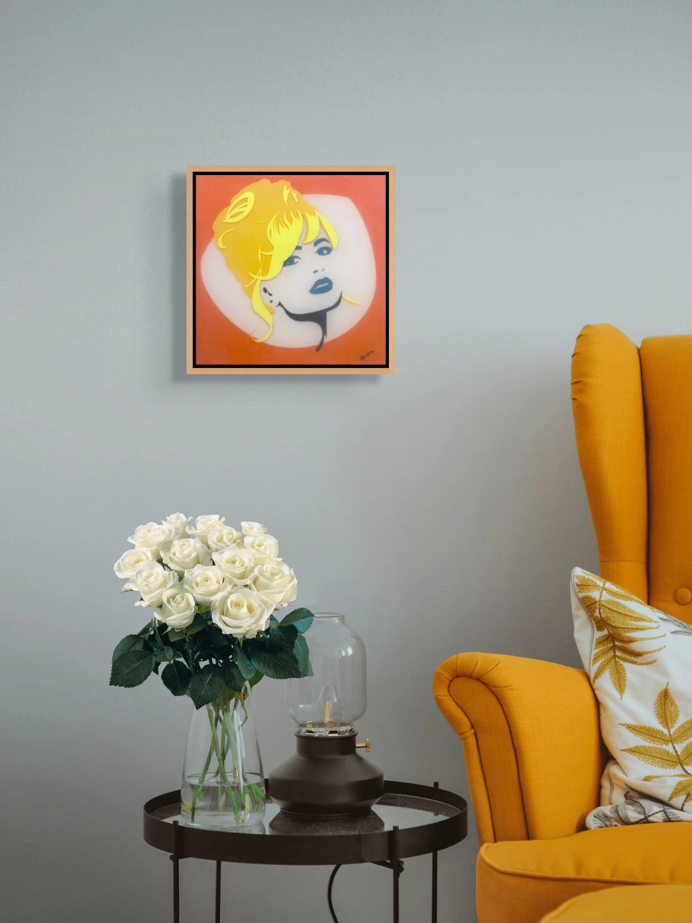 Bridgette displayed on a gray wall above a decorative table, illustrating the scale of the colorful artwork