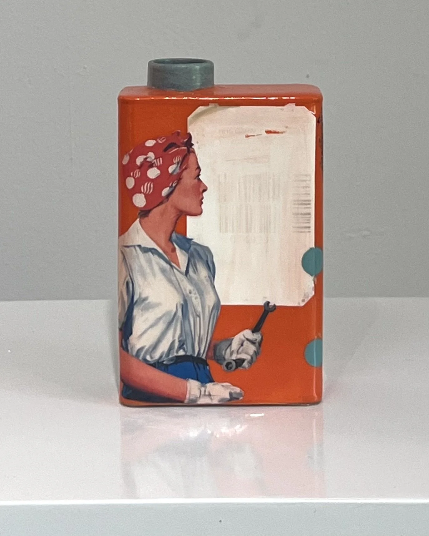 Back view of She Kept Her Feathers Sharp original porcelain Art Carton featuring vintage collage, acrylic, and resin artwork.