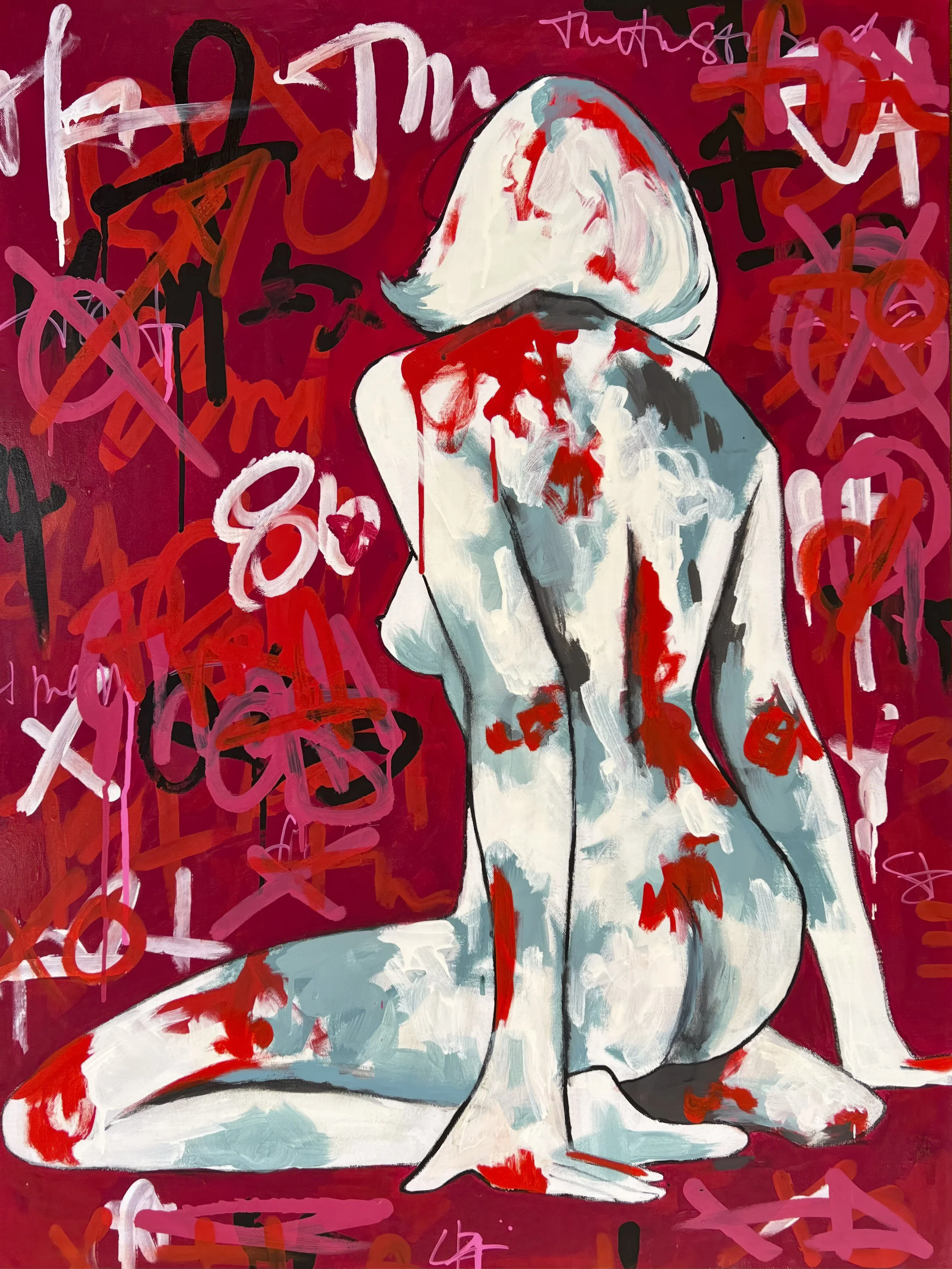 Please Don't Take Him Just Because You Can by Alissa Van Atta, a contemporary acrylic painting of a seated female figure seen from behind against a vivid red background with expressive gestural marks.