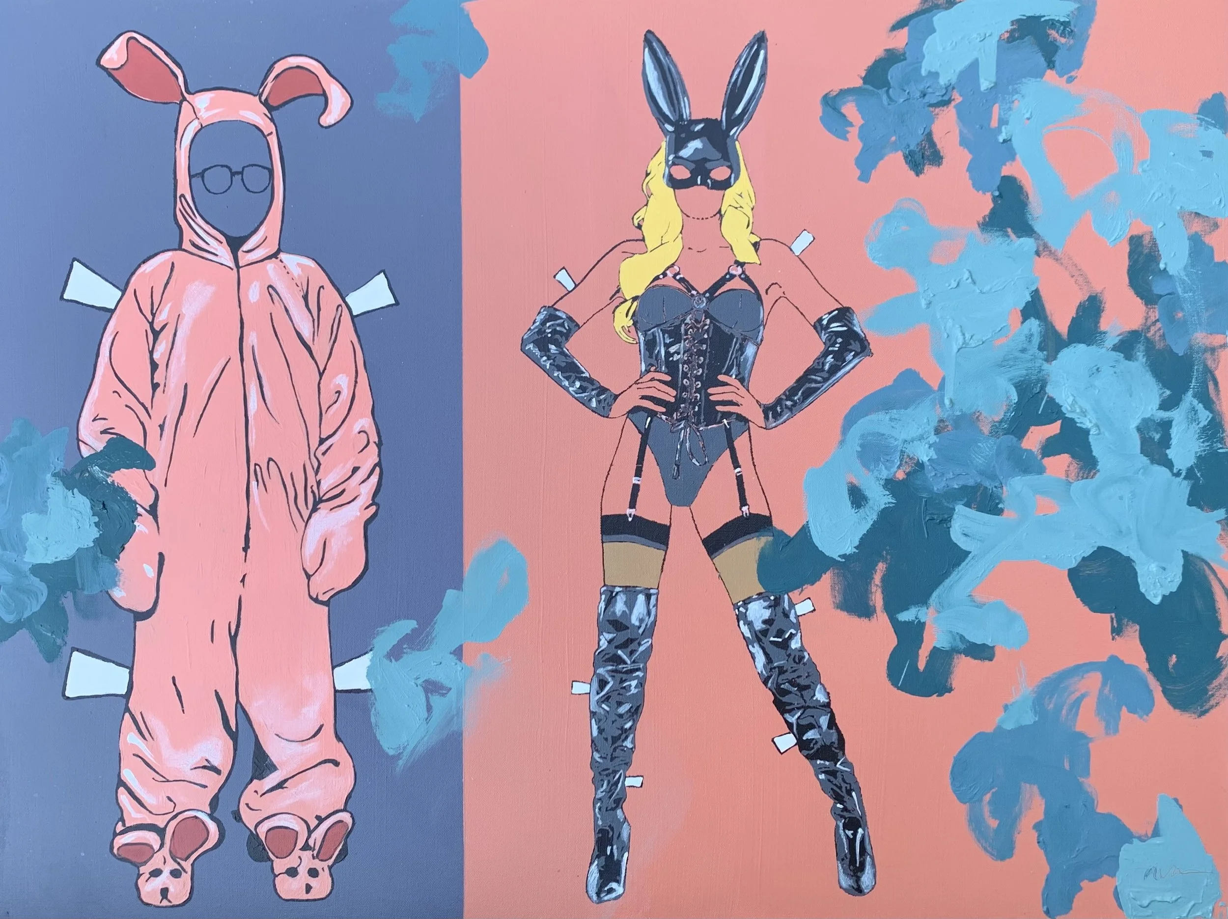 When I Grow Up by Alissa Van Atta, original 30 by 40 inch painting contrasting a figure in a pink bunny costume with a blonde woman wearing a black corset, boots, and rabbit-eared mask against blue an