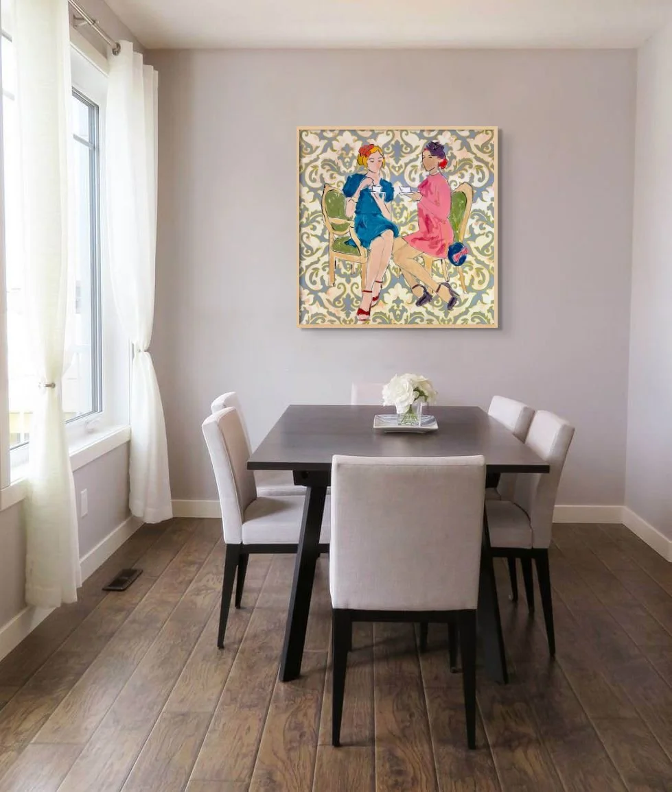 Mod Mad Tea Party, a colorful 36 by 36 inch original painting by Alissa Van Atta, displayed above a dining table in a bright contemporary interior.