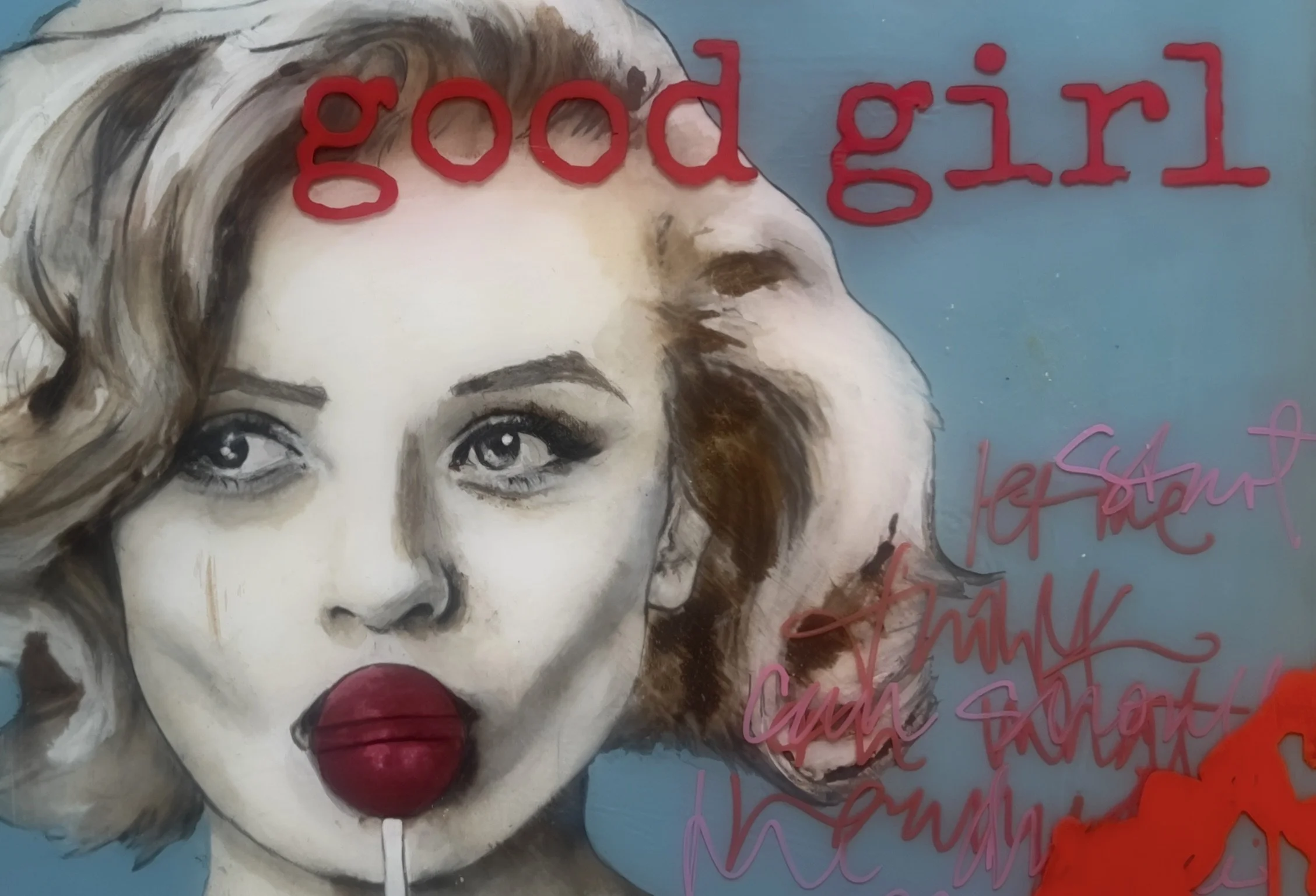 Mixed media portrait by Alissa Van Atta featuring a woman with red lips and the words “good girl,” exploring femininity, power, and identity